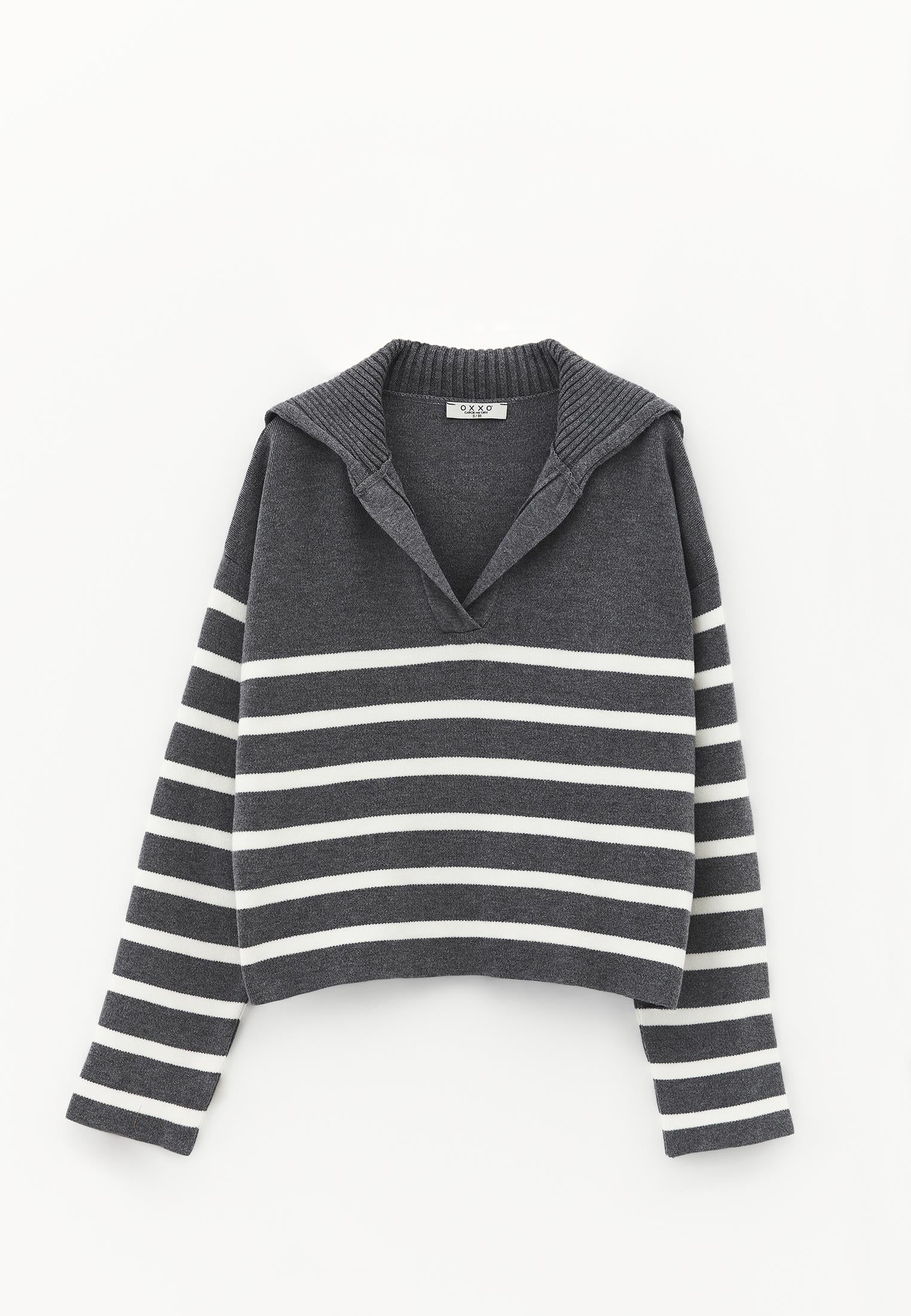 Striped Polo Collar Knit Sweater - BRUSHED NICKEL/ICE MILK