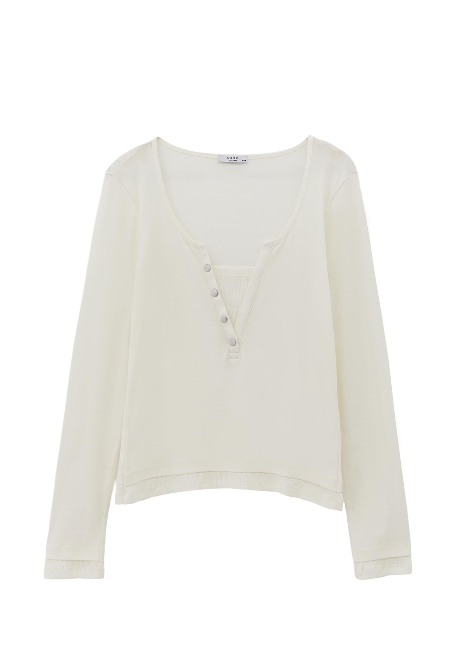 V Neck Long Sleeve T-Shirt - ICE MILK