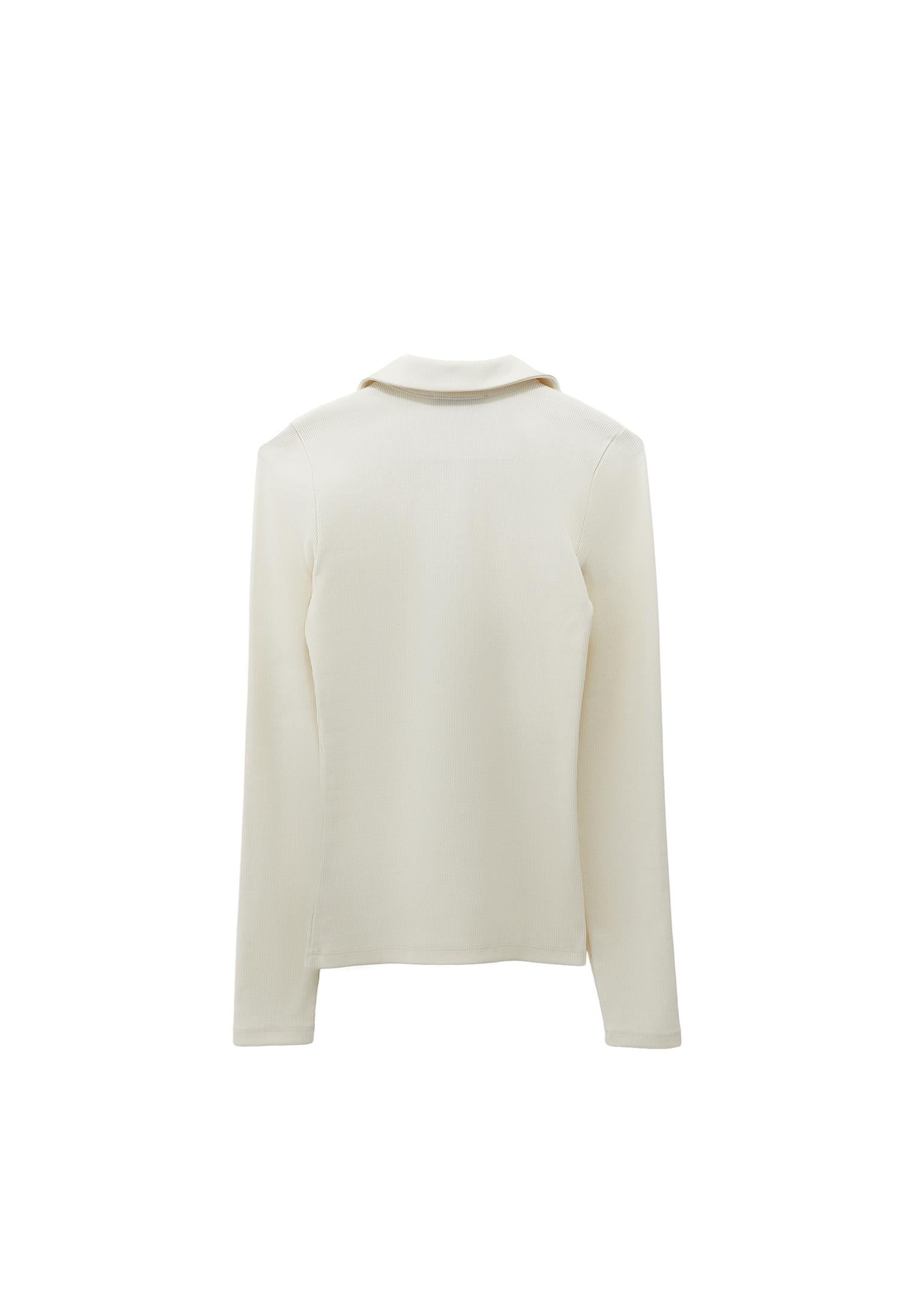 Polo Collar Long Sleeve Bodycon T-Shirt - ICE MILK