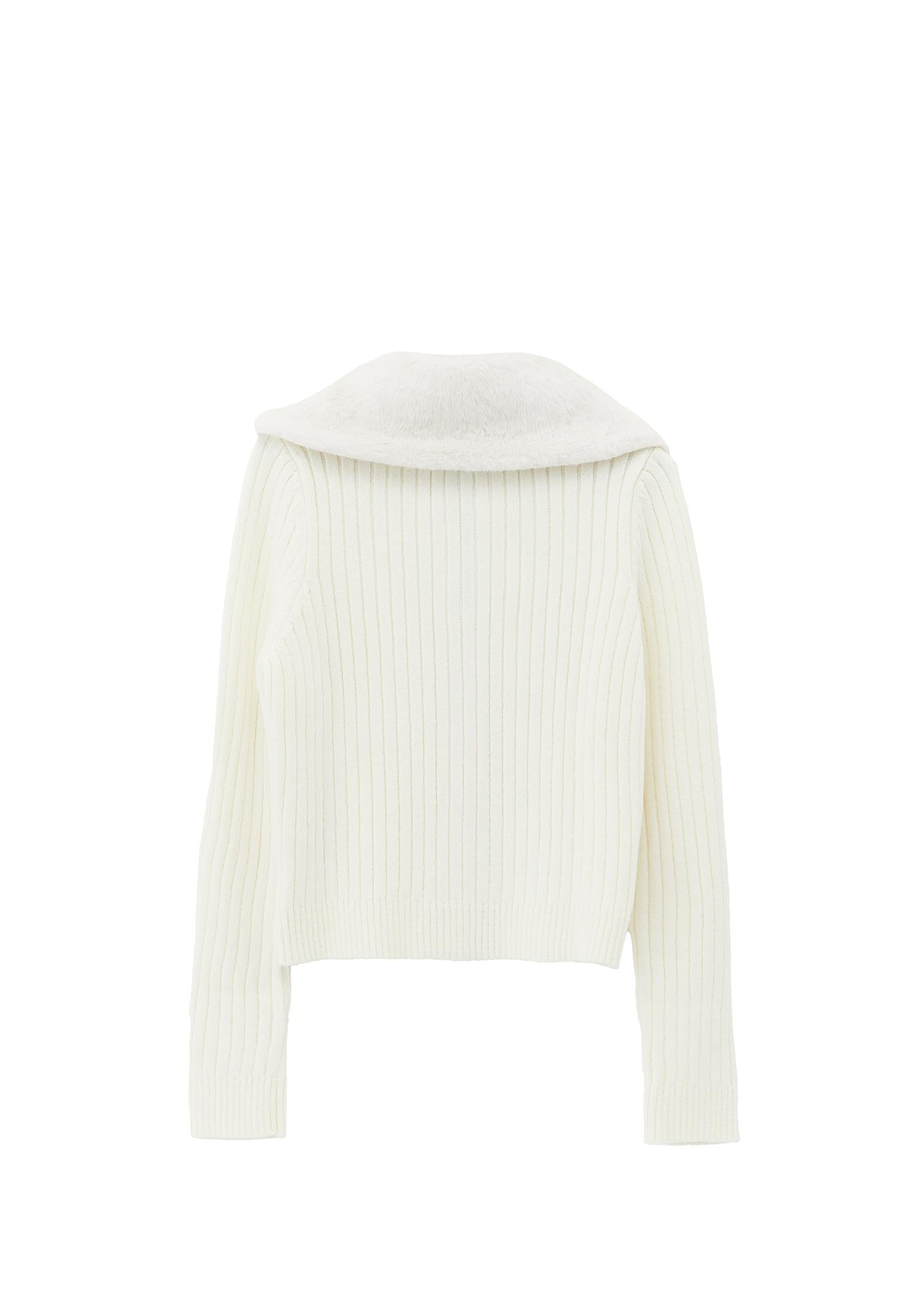 Polo Neck Zipper Detail Knit Cardigan - ICE MILK