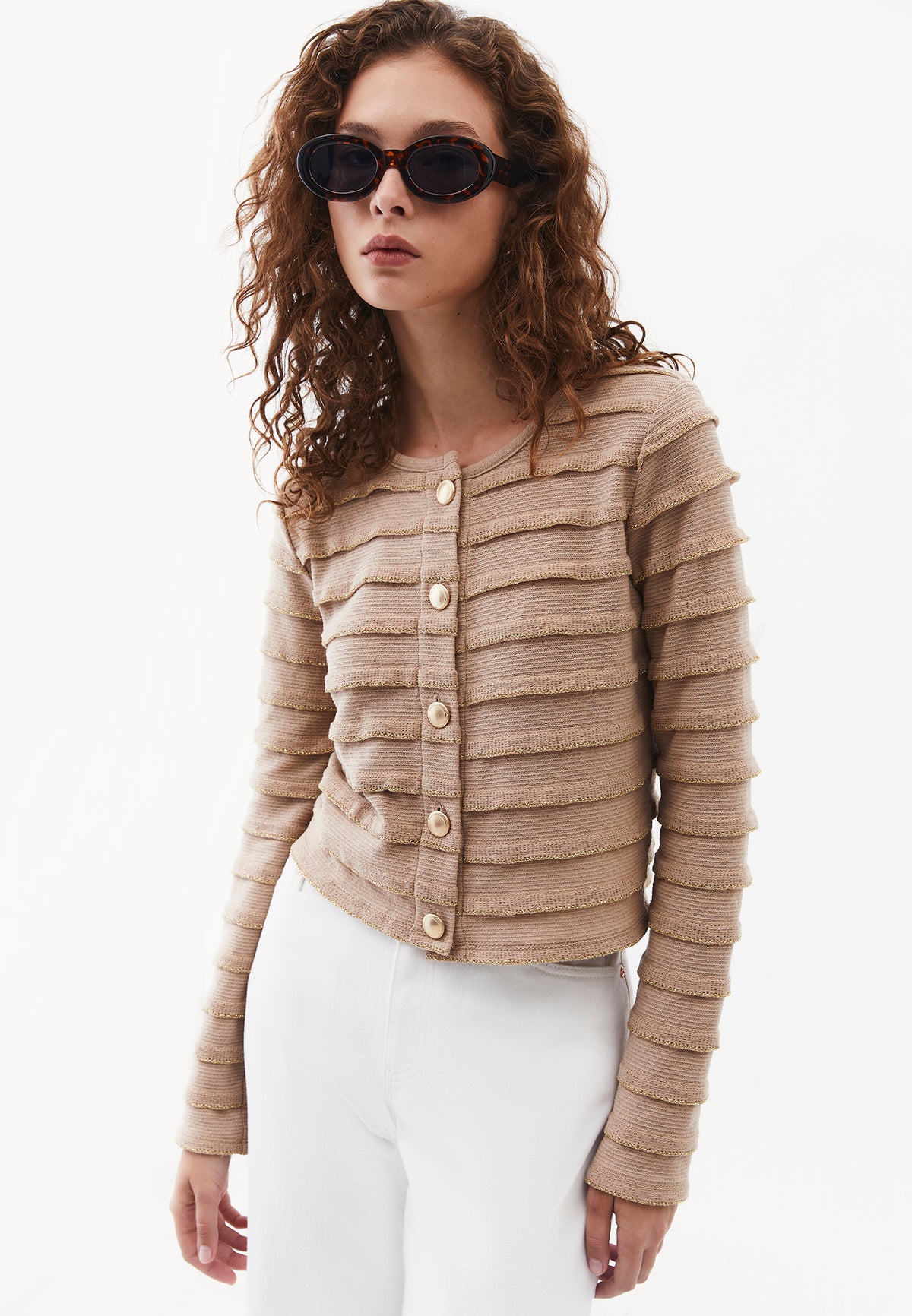 Shimmery Crew Neck Long Sleeve Cardigan - INCENSE