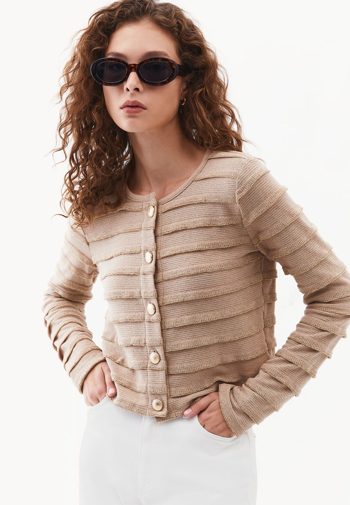Shimmery Crew Neck Long Sleeve Cardigan - INCENSE