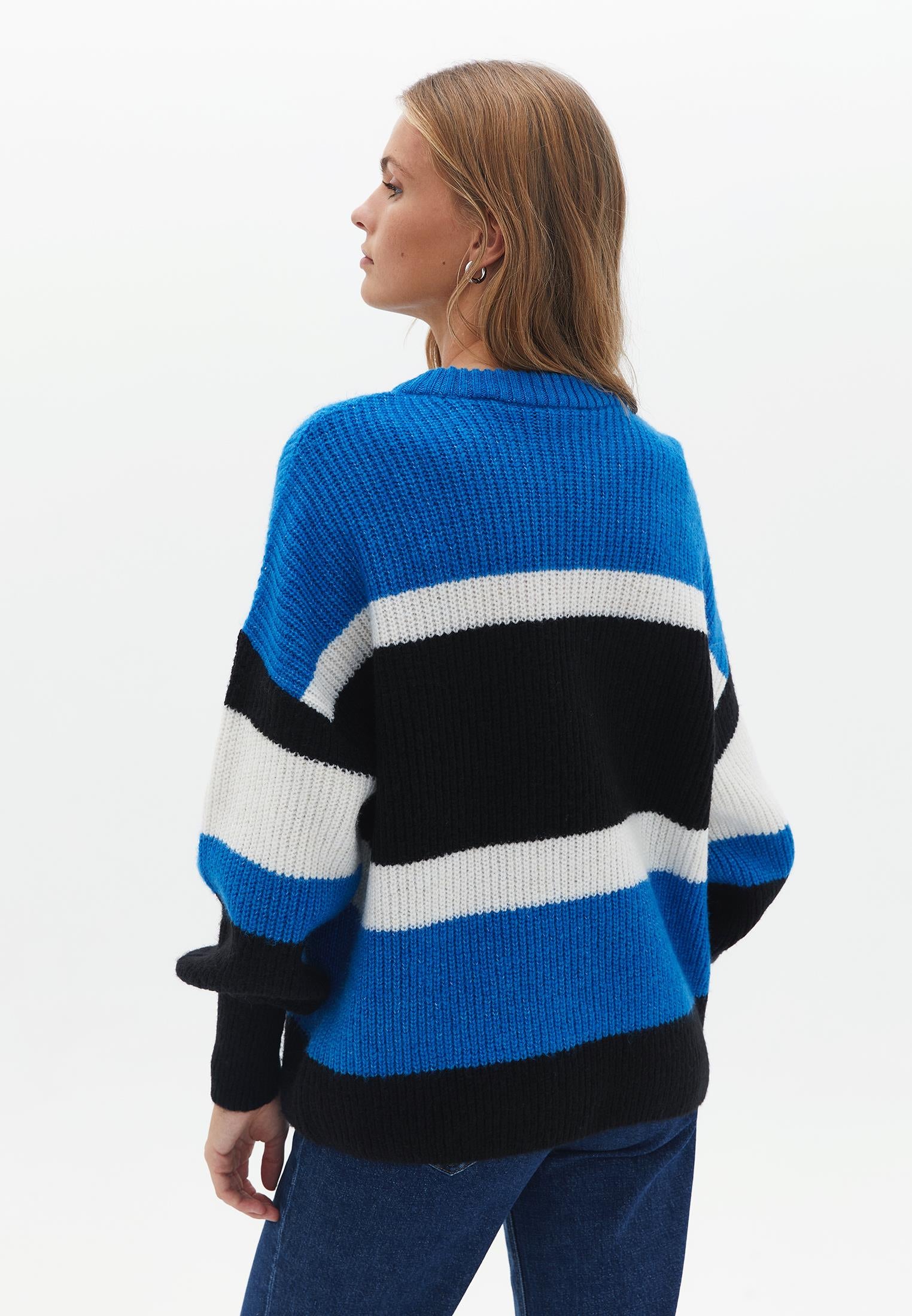 Striped Crew Neck Long Sleeve Sweater - INDIGO BUNTING MIX