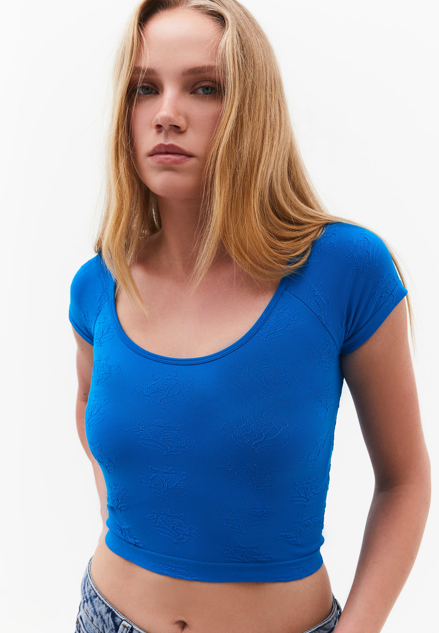 Wide Neck Short Sleeve Bodycon T-Shirt - INDIGO BUNTING