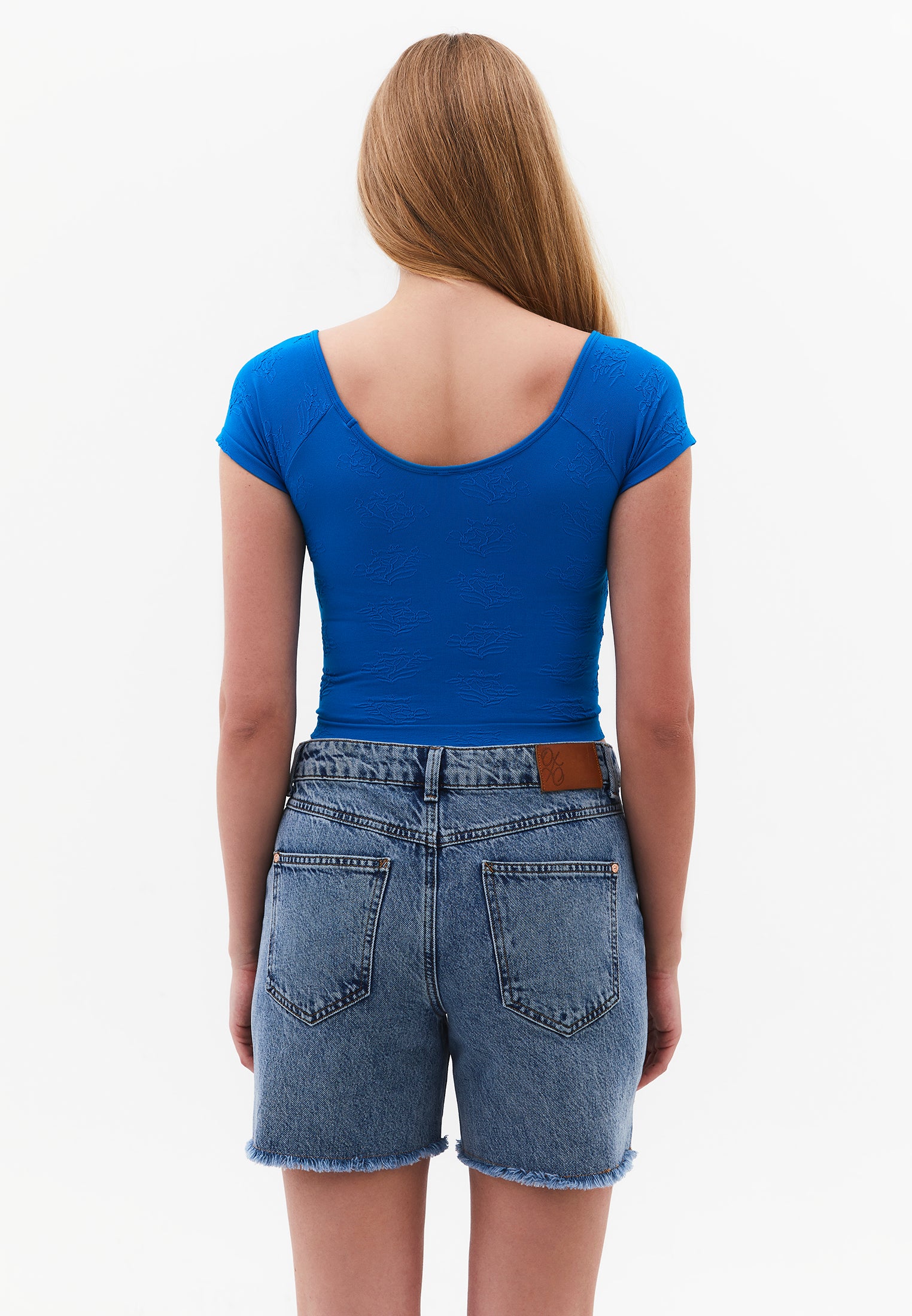 Wide Neck Short Sleeve Bodycon T-Shirt - INDIGO BUNTING