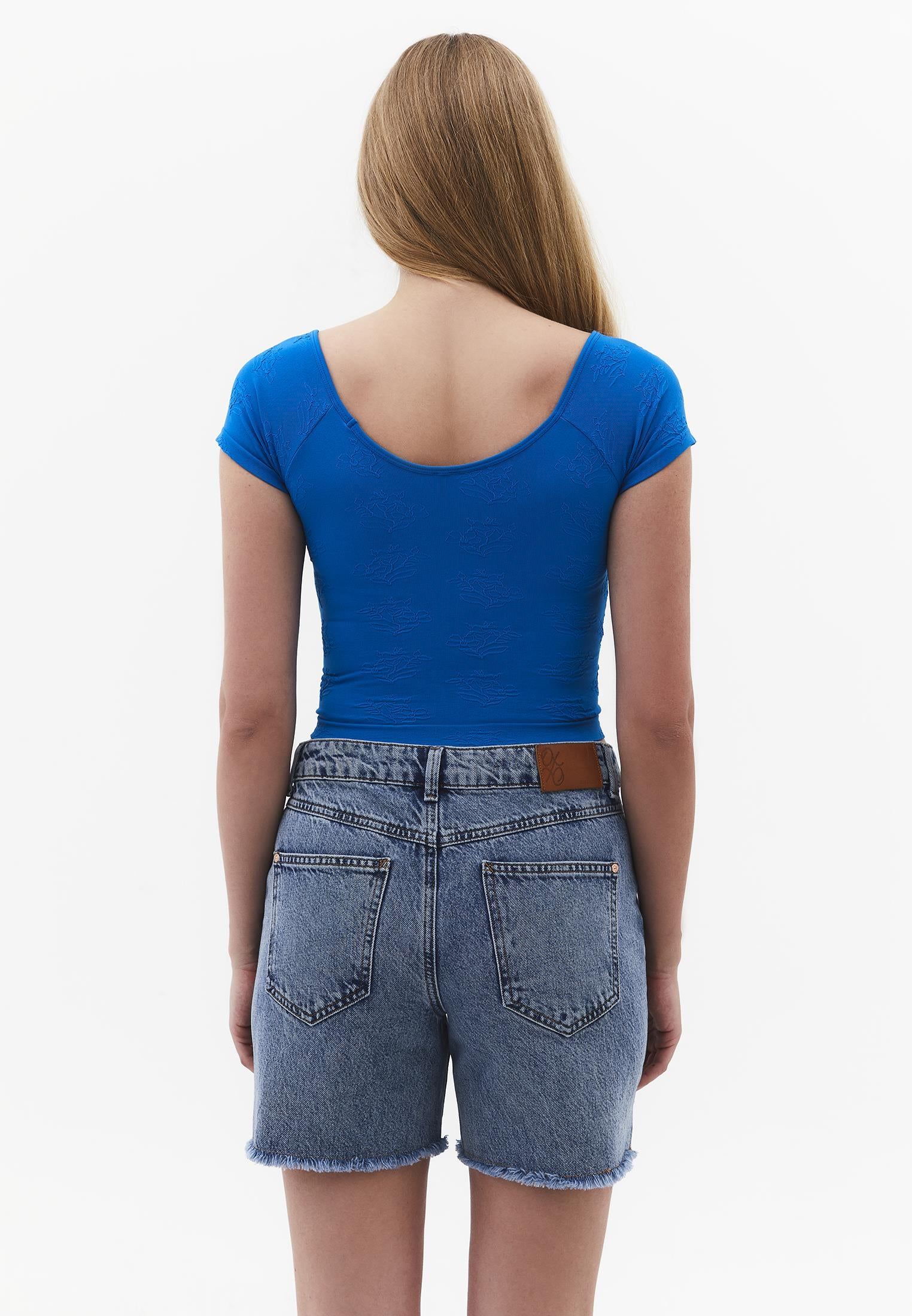 Wide Neck Short Sleeve Bodycon T-Shirt - INDIGO BUNTING