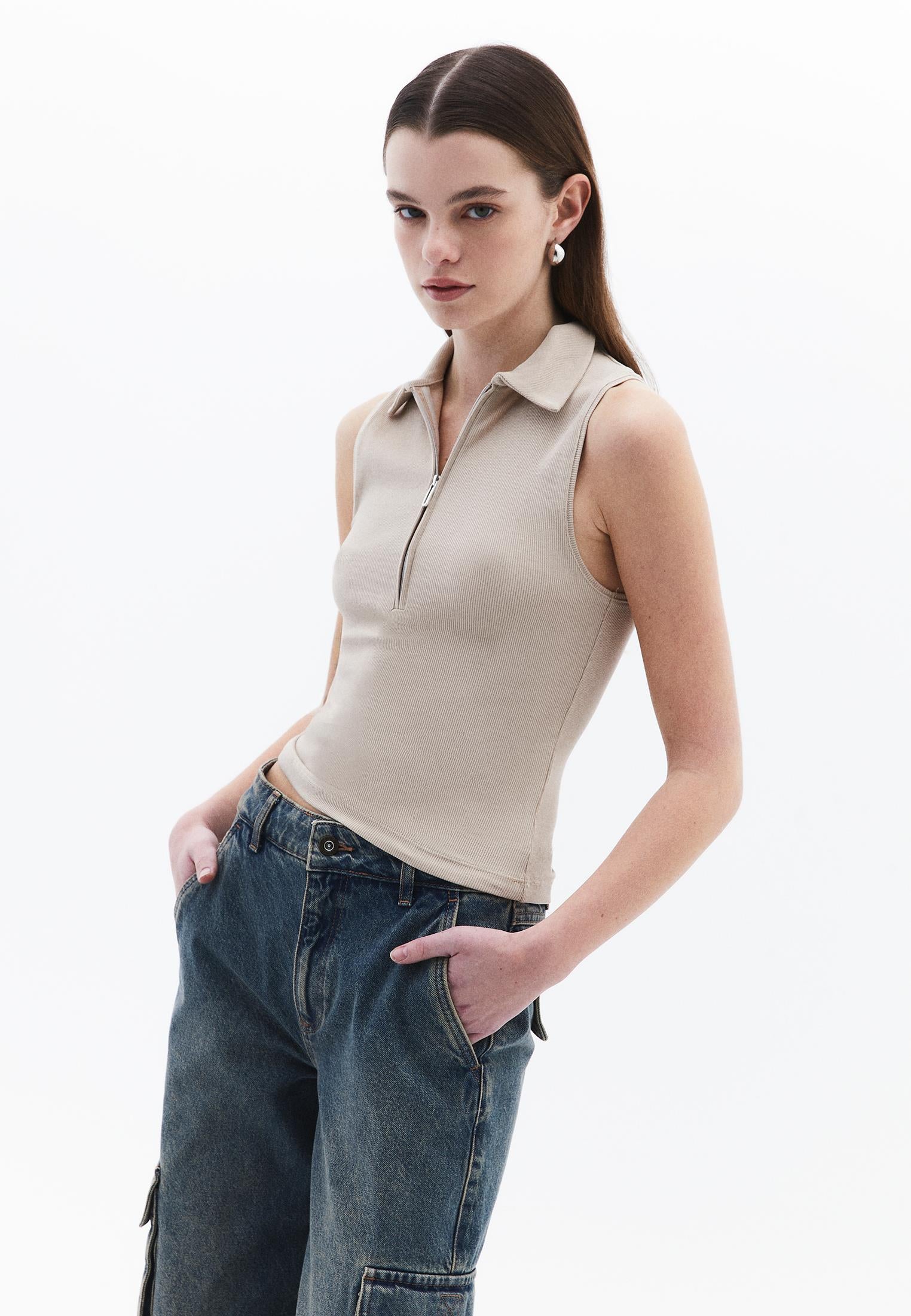 Polo Neck Tank Top - ISLAND FOSSIL