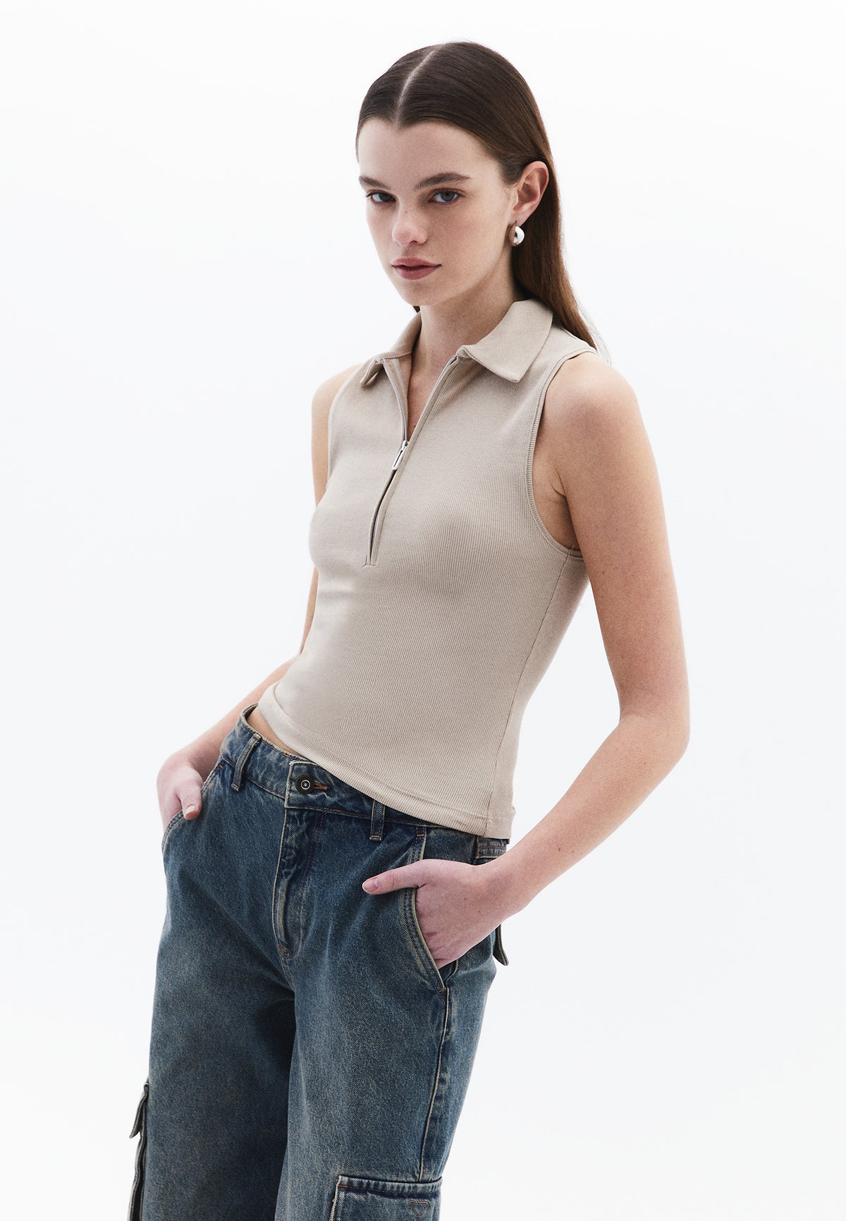 Polo Neck Tank Top - ISLAND FOSSIL