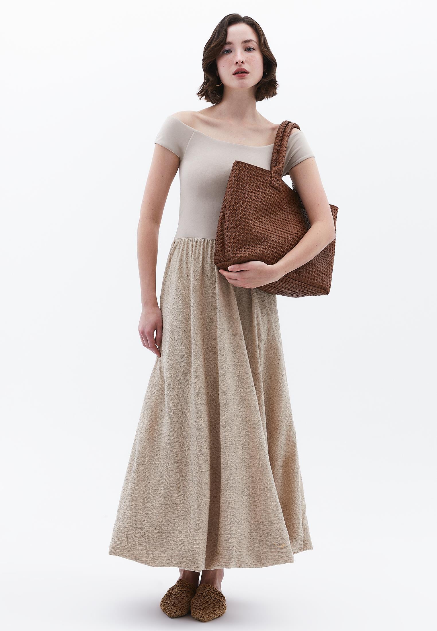 Off Shoulder Balloon Form Midi Dress - ISLAND FOSSIL