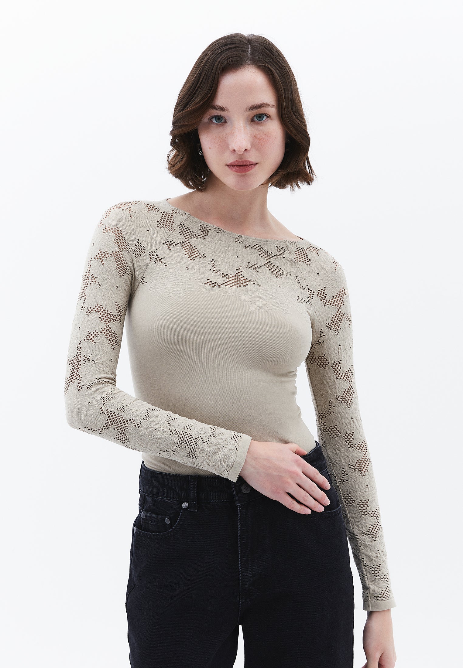 Jacquard Boat Neck Bodycon T-Shirt Long Sleeve - ISLAND FOSSIL