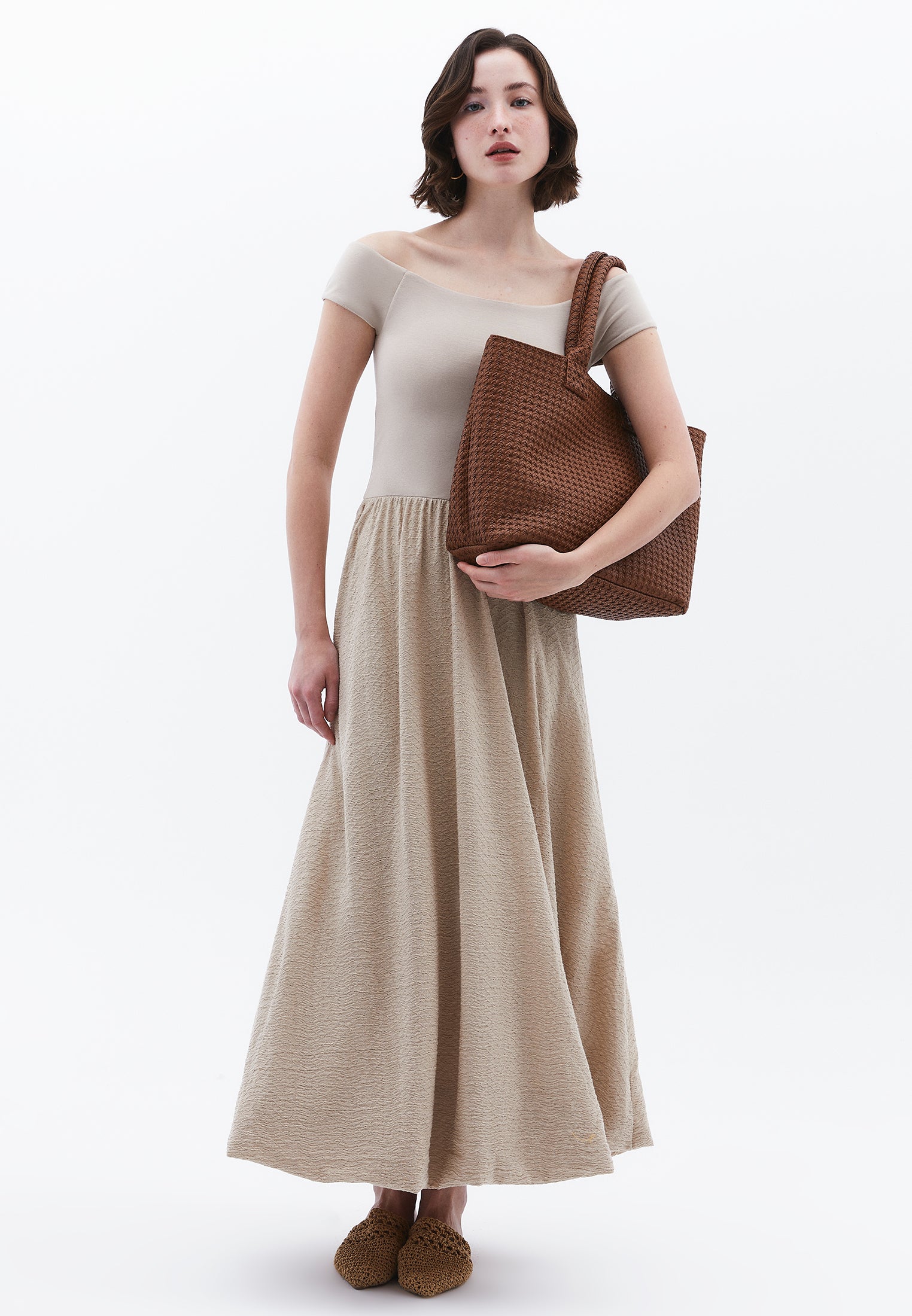 Off Shoulder Balloon Form Midi Dress - ISLAND FOSSIL