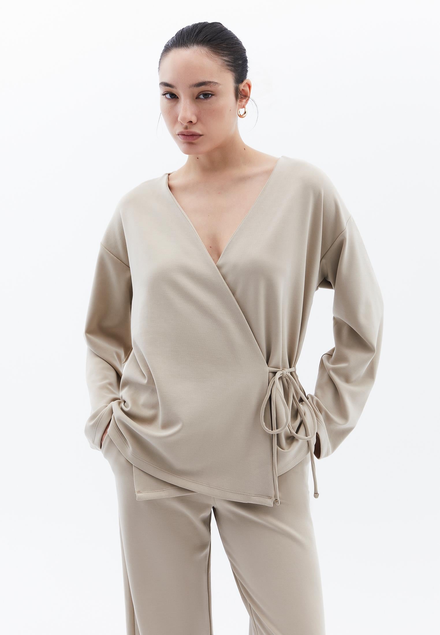 Long Cardigan With Wrap Neckline - ISLAND FOSSIL