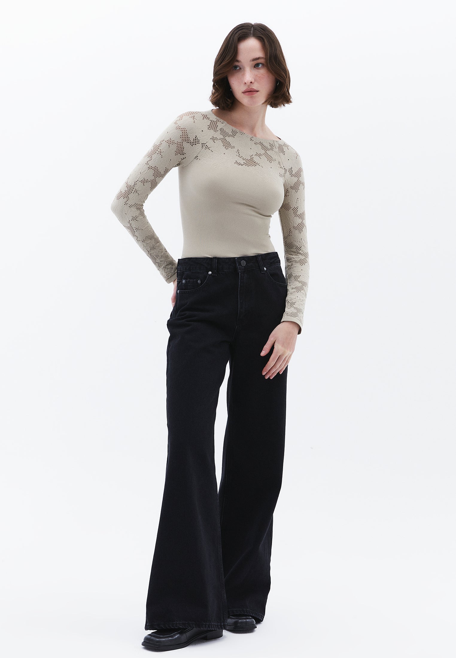 Jacquard Boat Neck Bodycon T-Shirt Long Sleeve - ISLAND FOSSIL