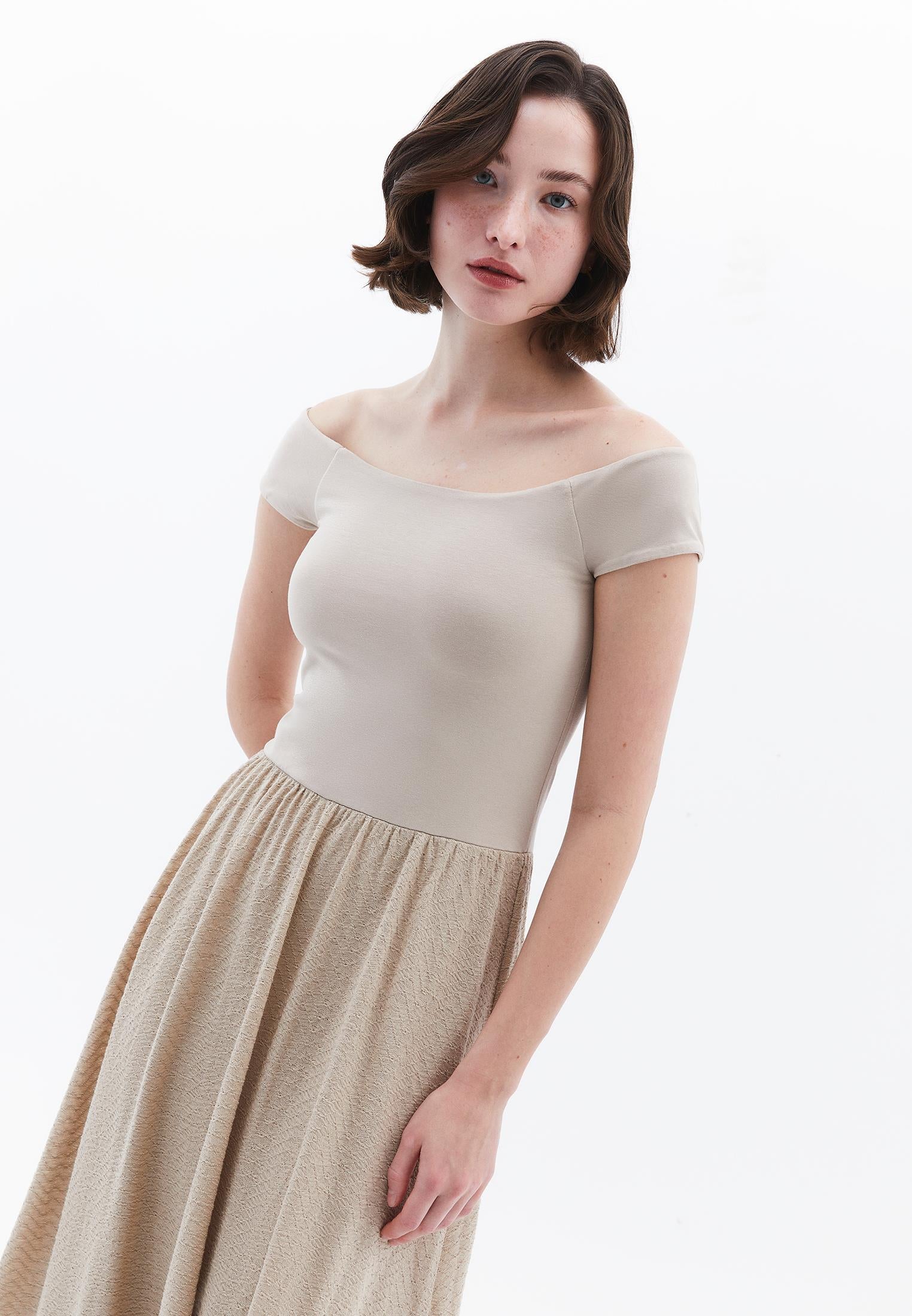 Off Shoulder Balloon Form Midi Dress - ISLAND FOSSIL