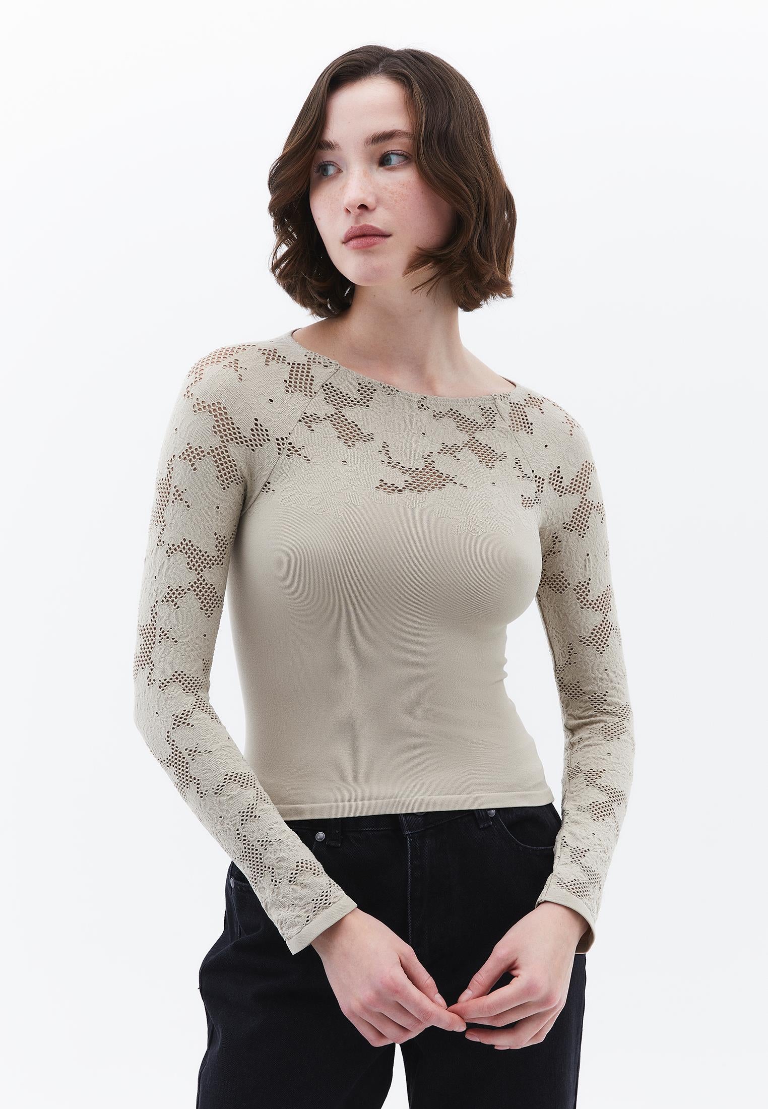 Jacquard Boat Neck Bodycon T-Shirt Long Sleeve - ISLAND FOSSIL