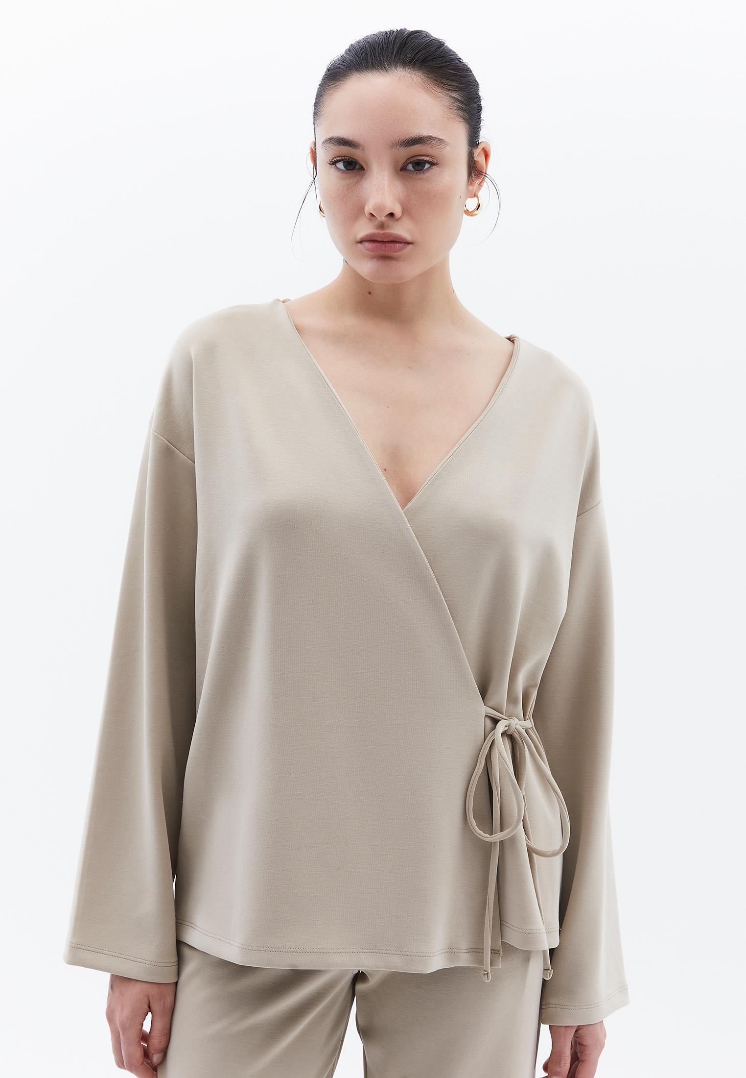 Long Cardigan With Wrap Neckline - ISLAND FOSSIL