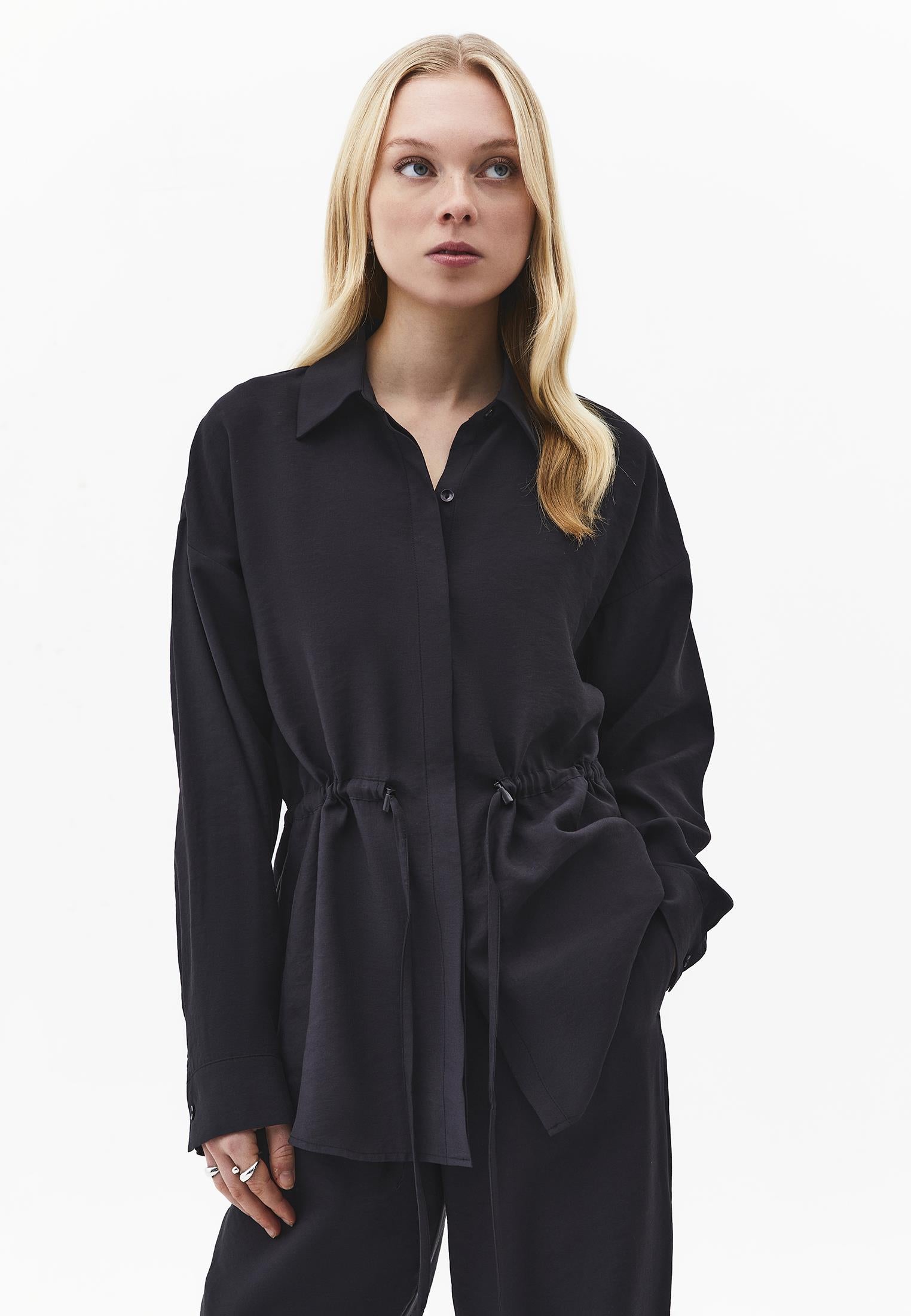 Oversize Shirt Collar Long Tunic - JET BLACK