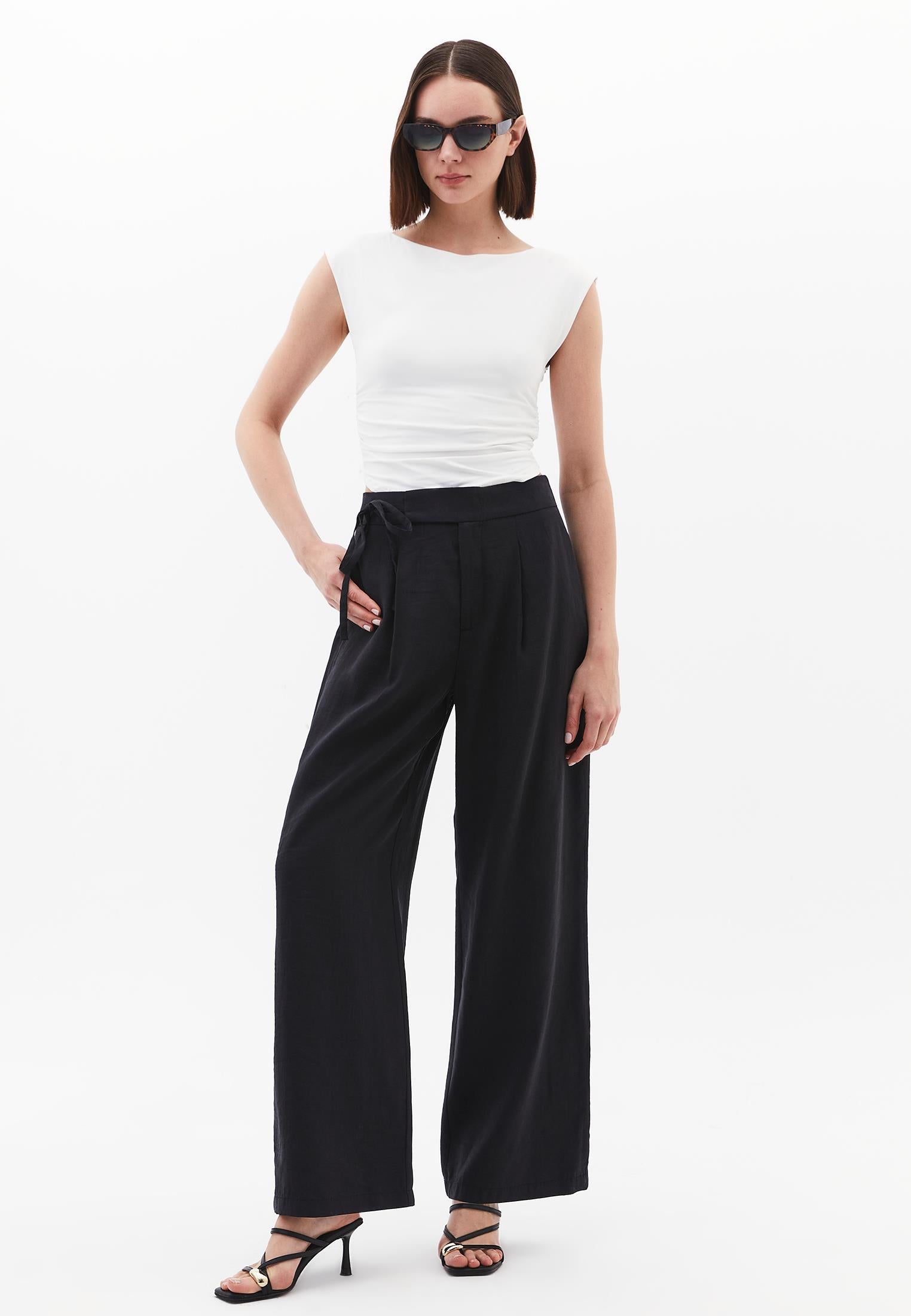 Ultra High Waist Belted Straight Leg Pants - JET BLACK