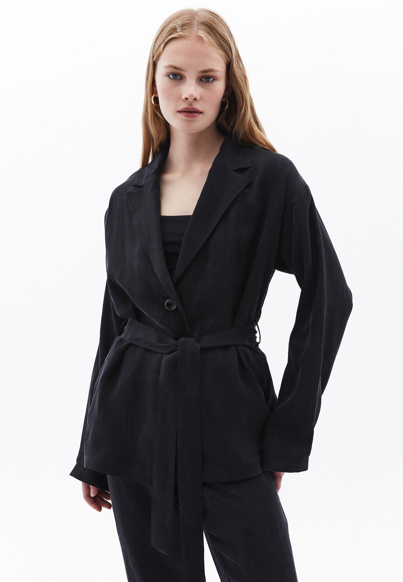 Woven Belted Loose Fit Standard Long Sleeve Jacket - JET BLACK