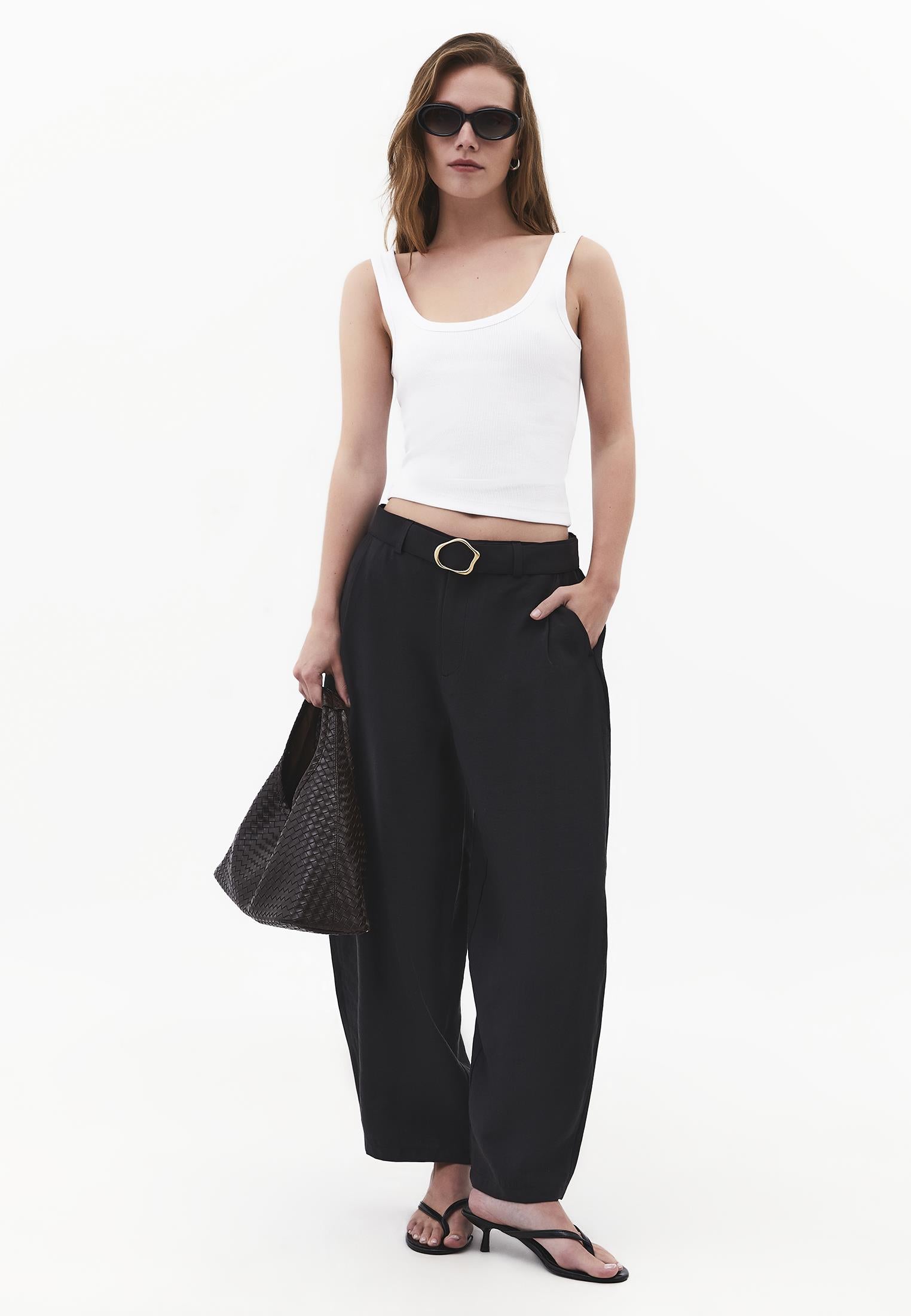 High Waist Barrel Leg Trousers with Belt Detail - JET BLACK