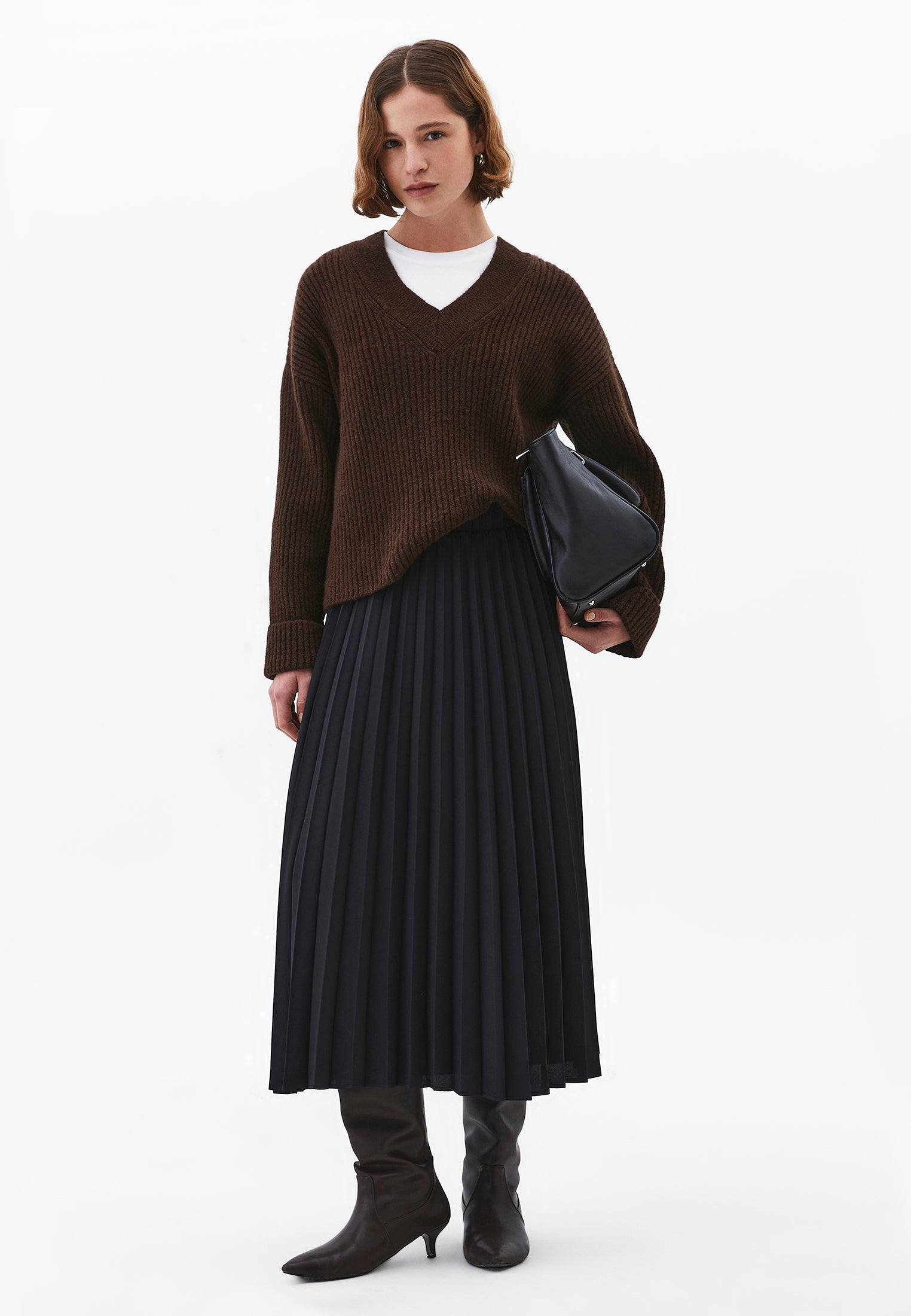 Elastic Waist Pleated Long A-Line Skirt - JET BLACK