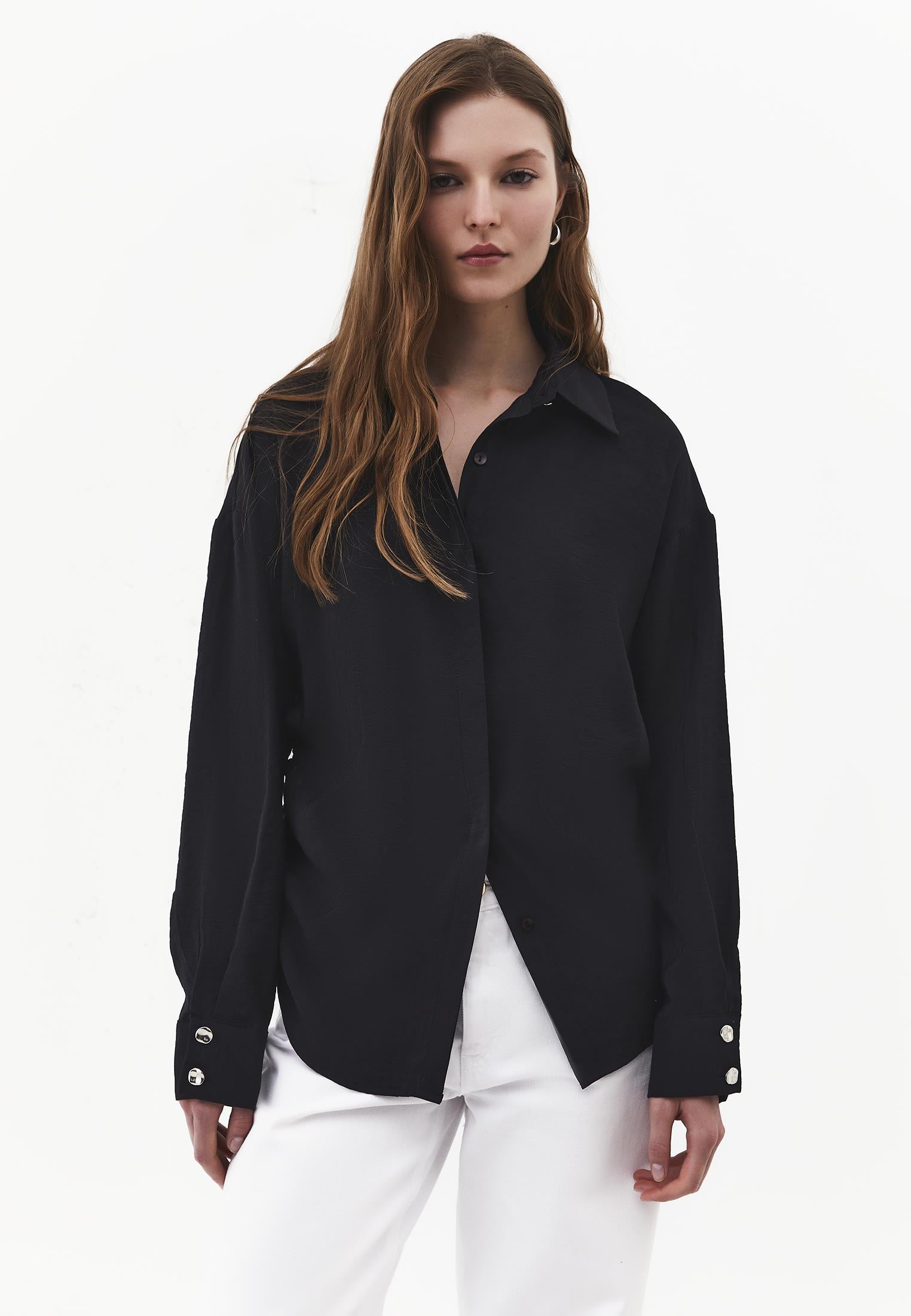 Oversize Long Sleeve Shirt with Ruching and Buttons - JET BLACK