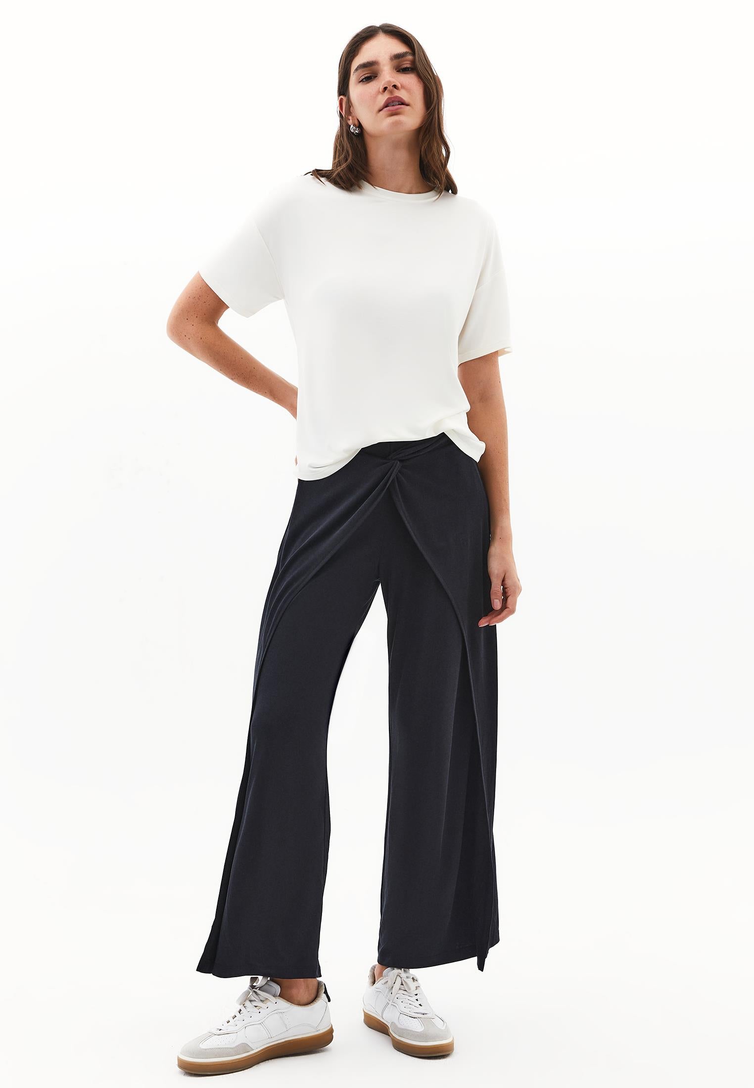 Wide Leg Regular Waist Elastic Waistband Pants - JET BLACK