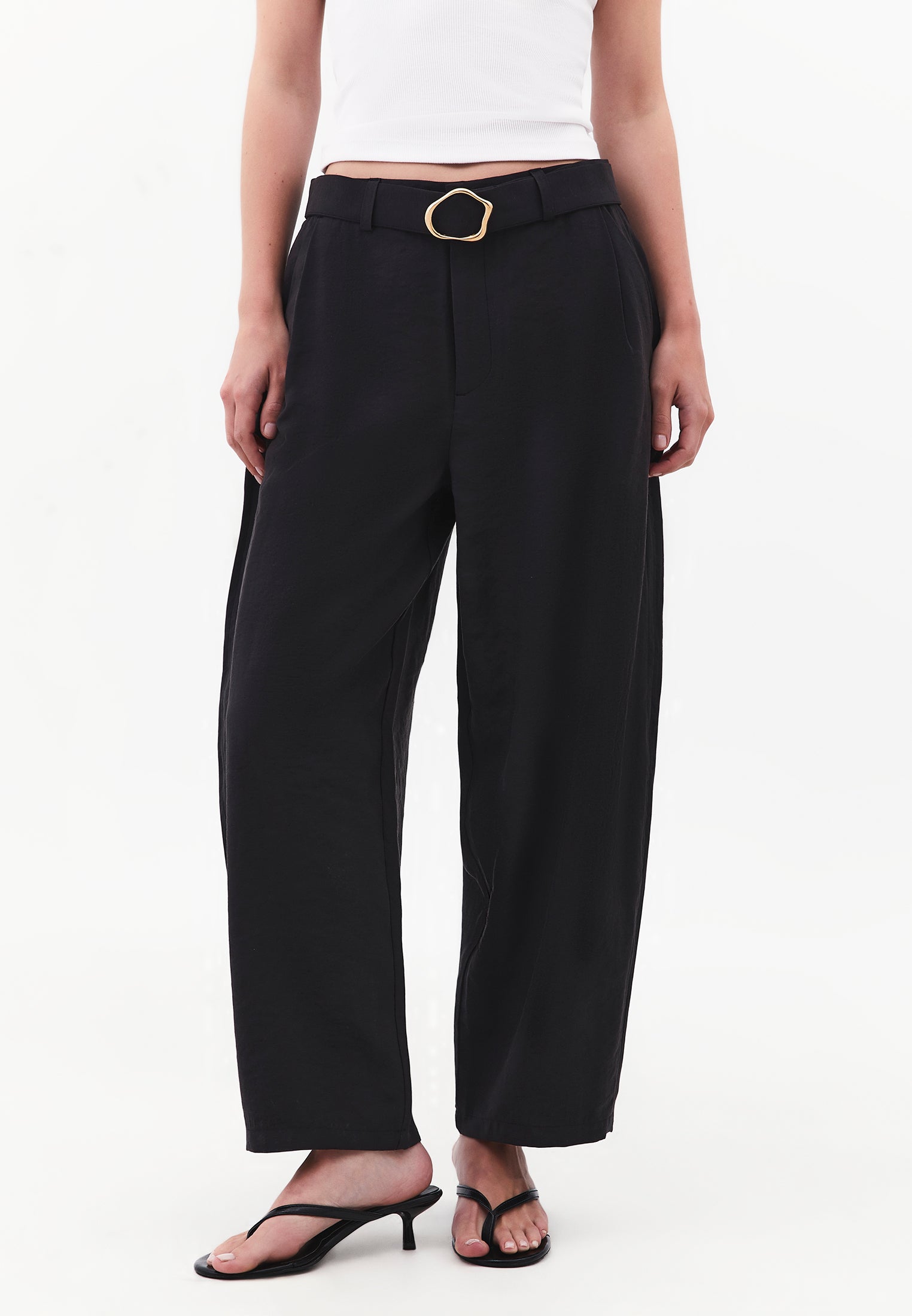 High Waist Barrel Leg Trousers with Belt Detail - JET BLACK