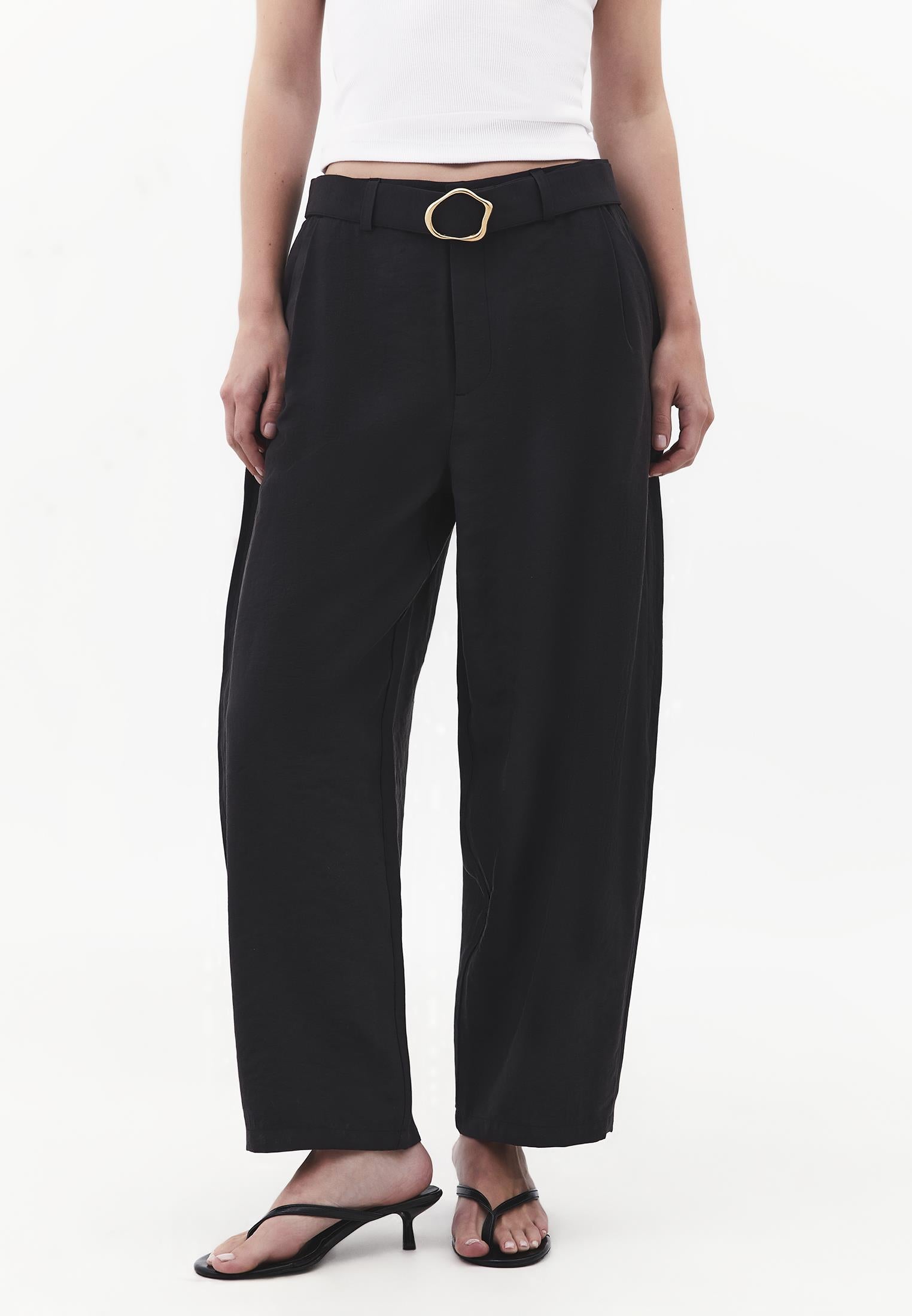 High Waist Barrel Leg Trousers with Belt Detail - JET BLACK