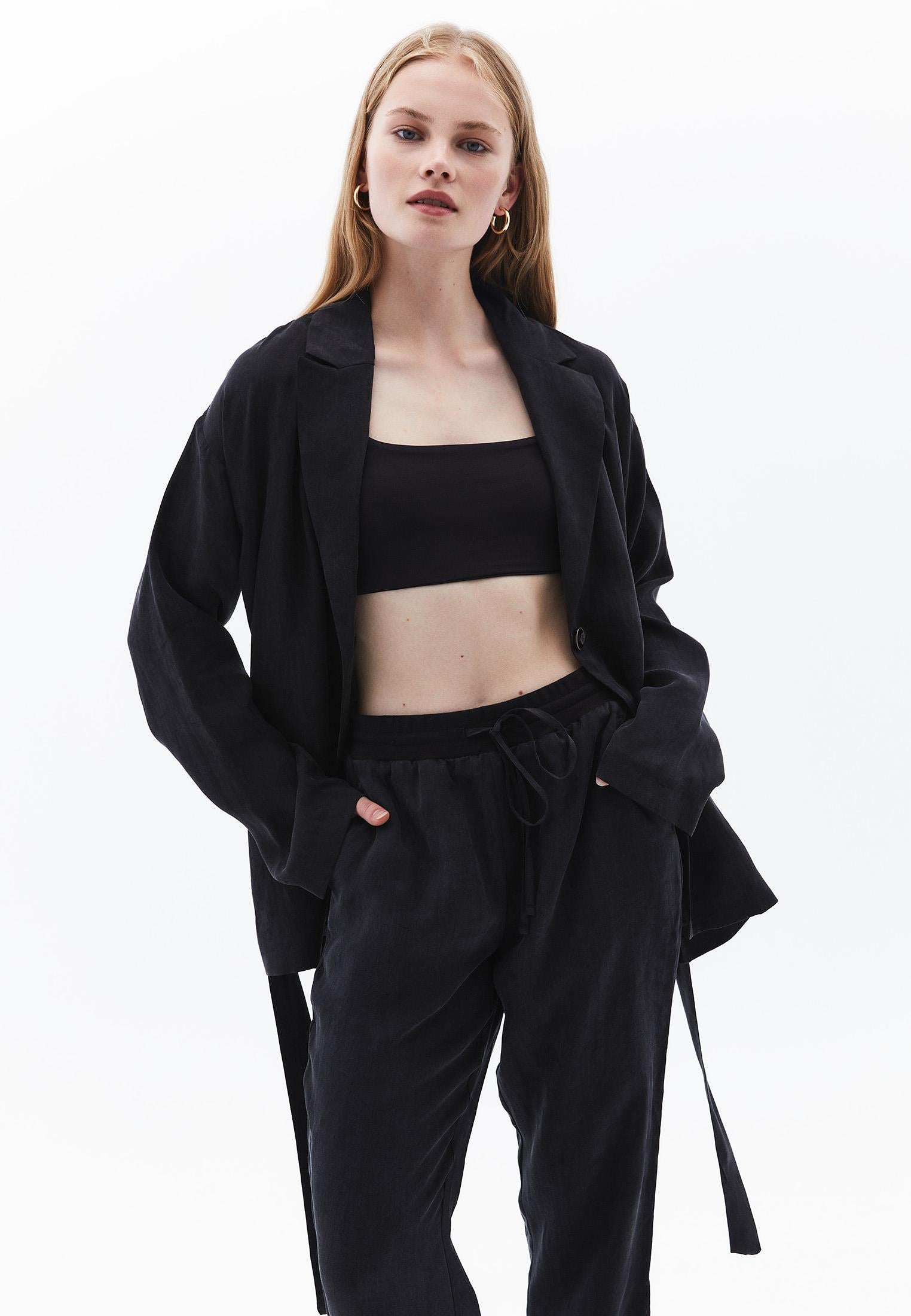 Woven Belted Loose Fit Standard Long Sleeve Jacket - JET BLACK