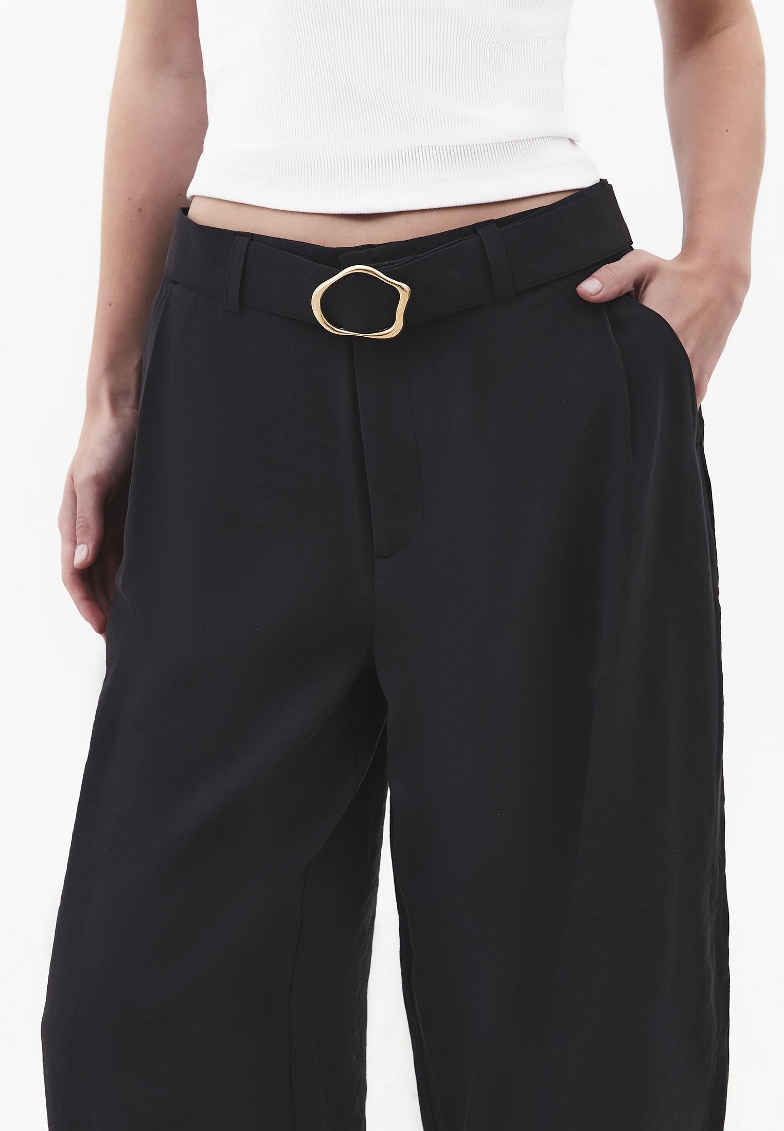High Waist Barrel Leg Trousers with Belt Detail - JET BLACK