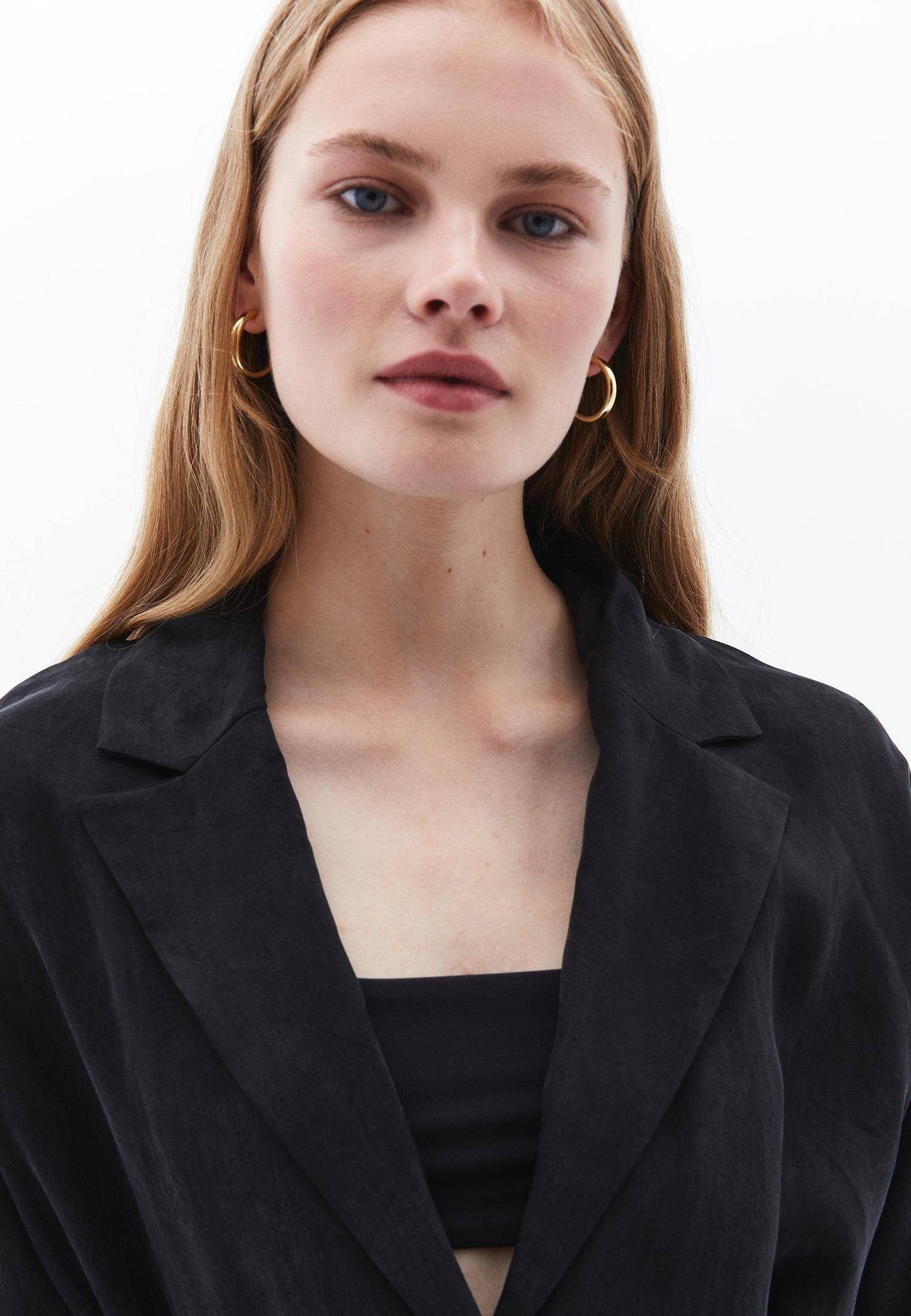 Woven Belted Loose Fit Standard Long Sleeve Jacket - JET BLACK