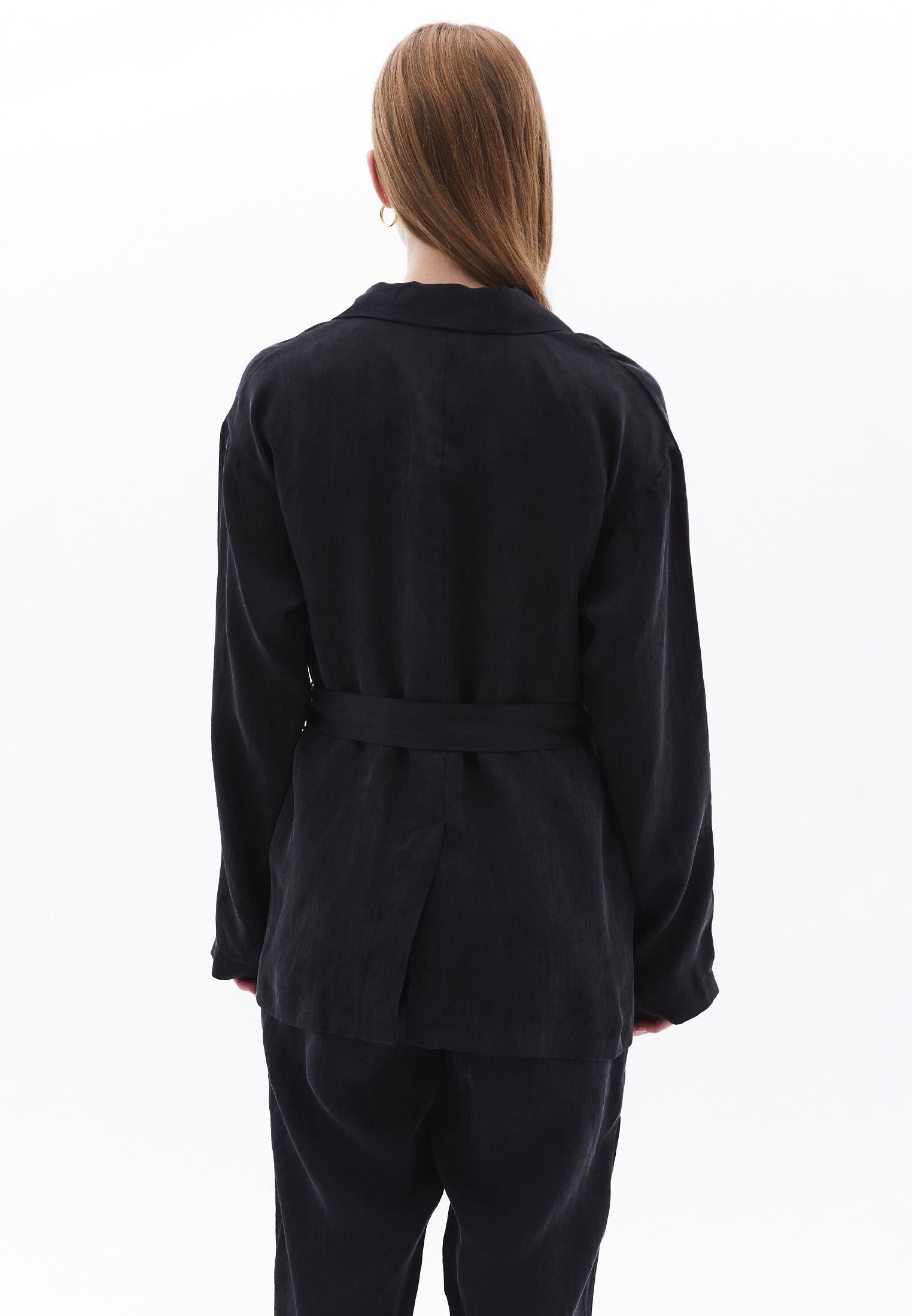 Woven Belted Loose Fit Standard Long Sleeve Jacket - JET BLACK