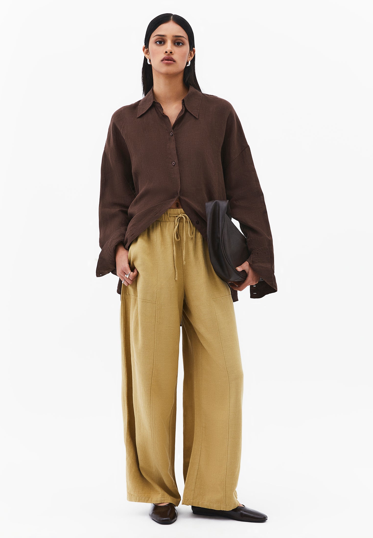 High Waist Barrel Leg Trousers - KHAKI