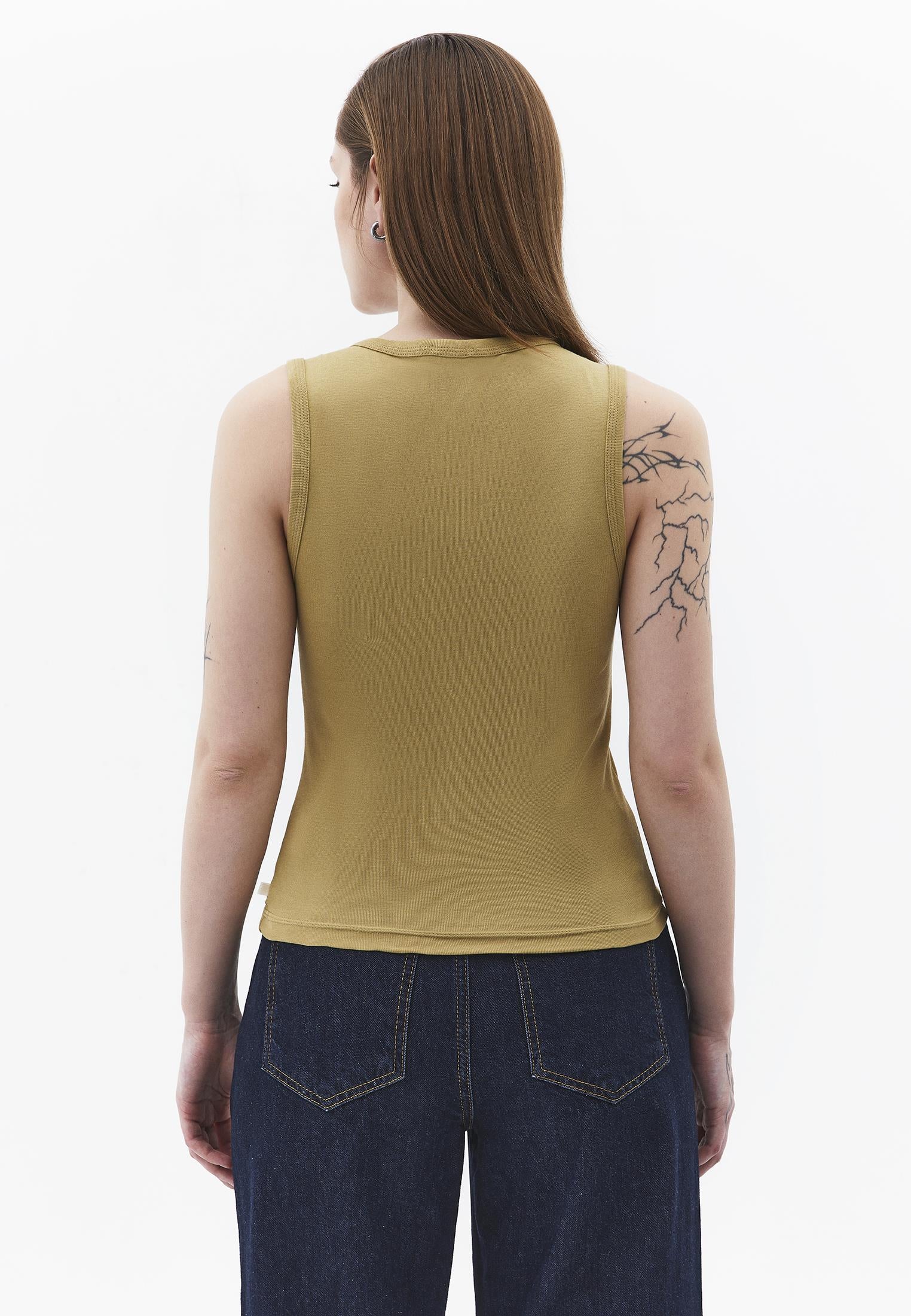 V Neck Bodycon Rib Tank Top - KHAKI