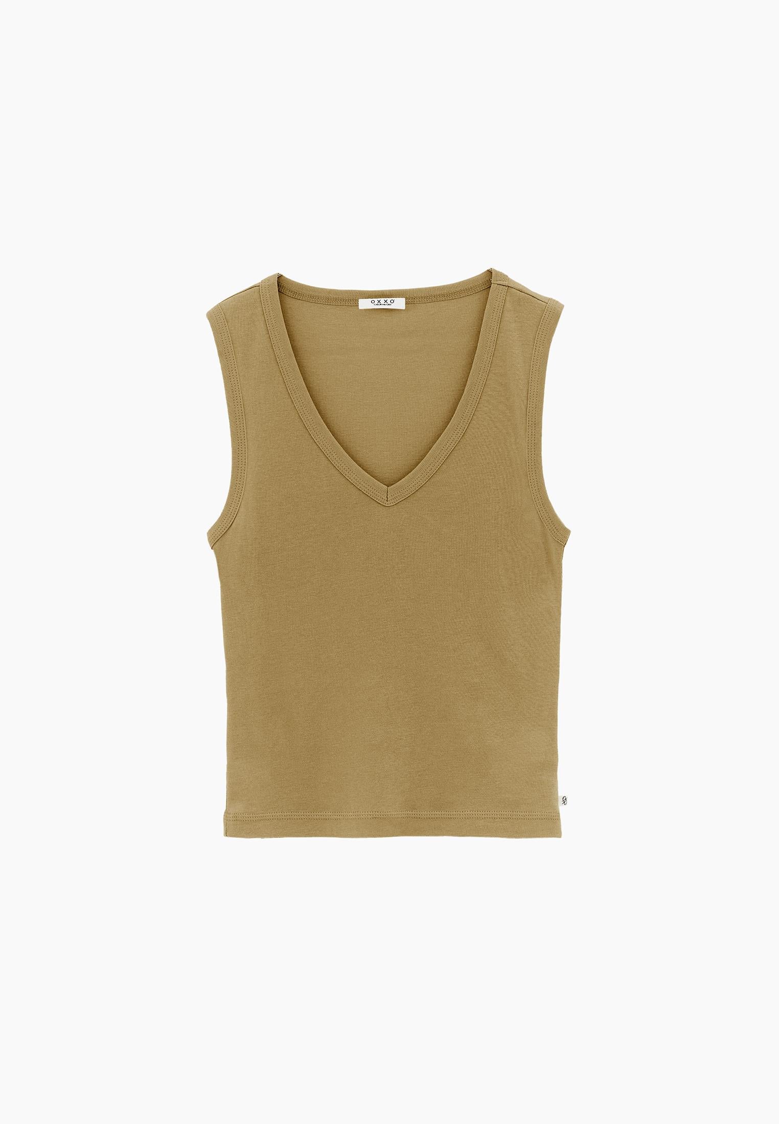 V Neck Bodycon Rib Tank Top - KHAKI