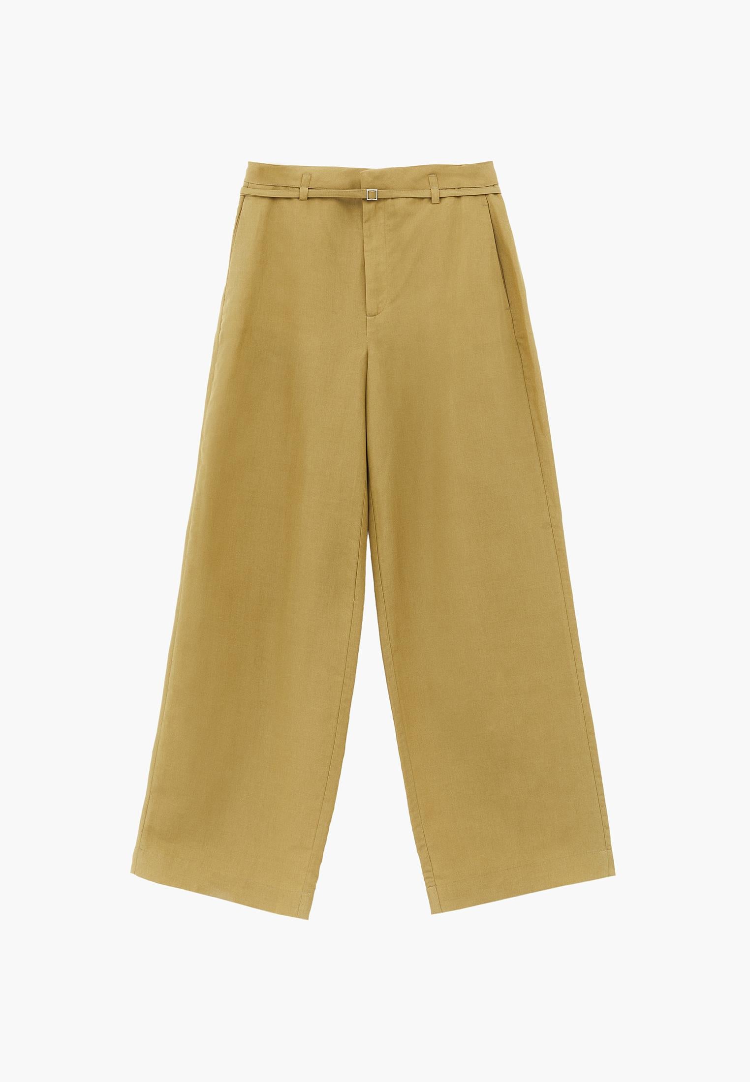 High Waist Belted Straight Leg Trousers - KHAKI