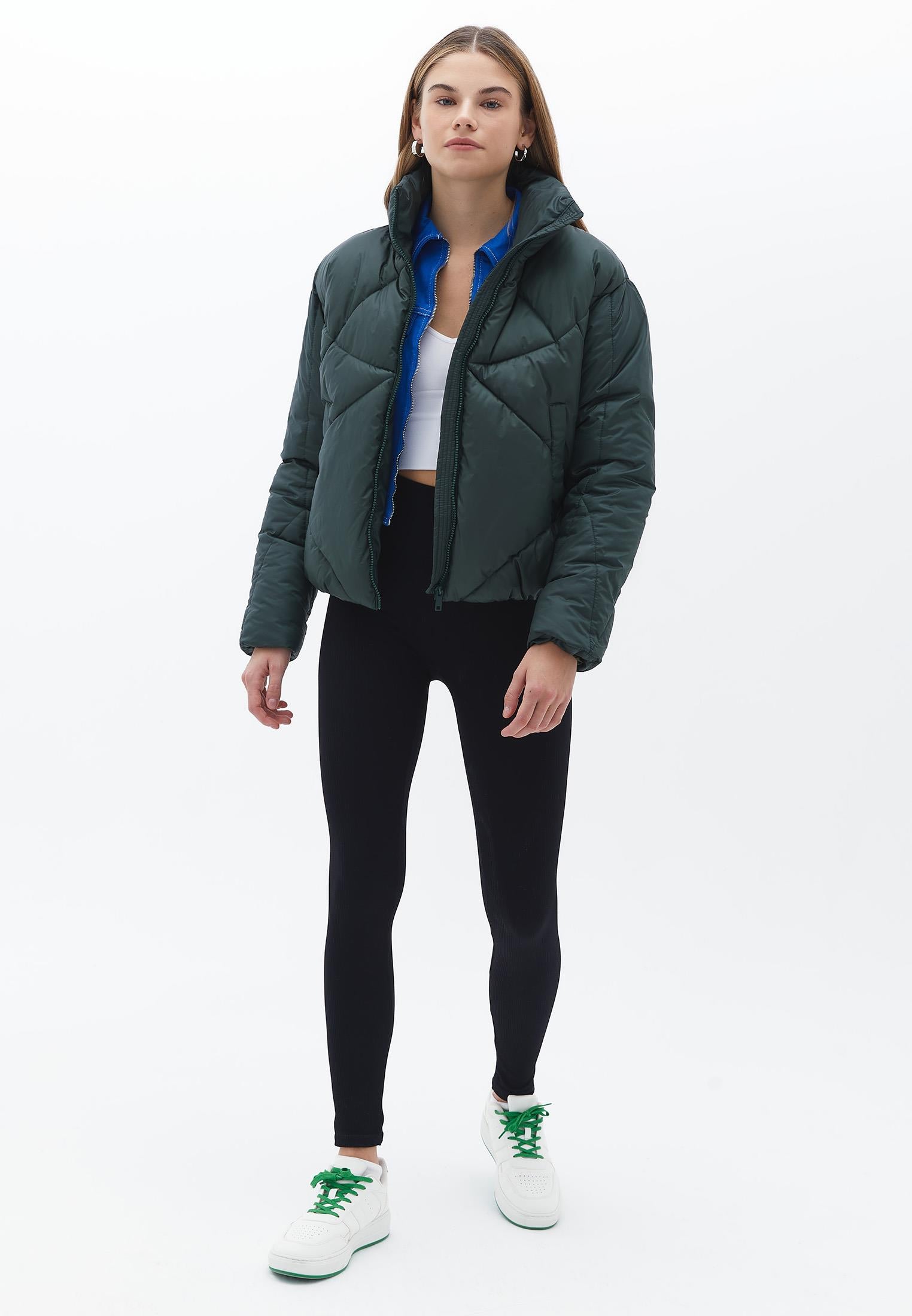 High Neck Long Sleeve Coat - KOMBU GREEN
