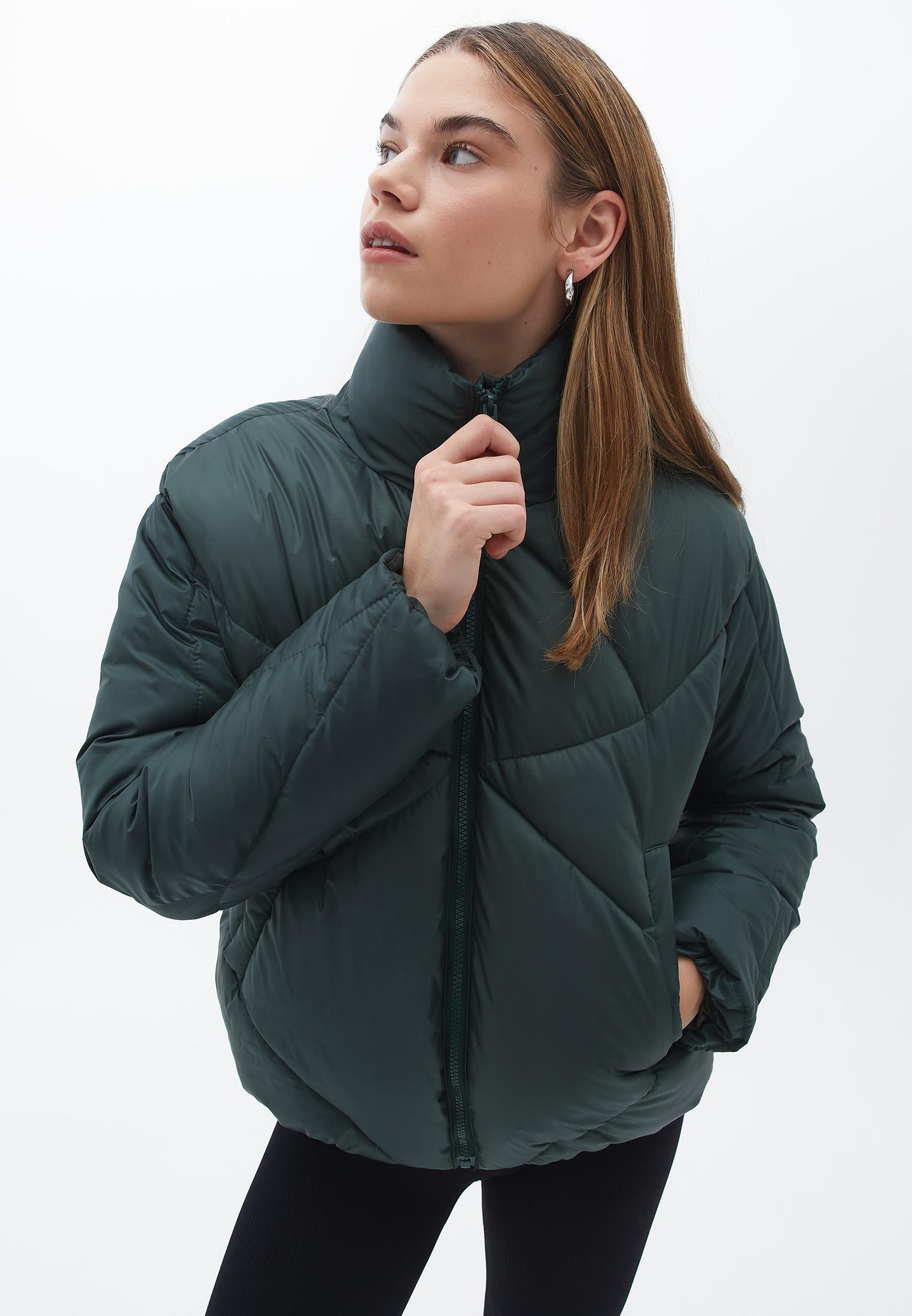 High Neck Long Sleeve Coat - KOMBU GREEN