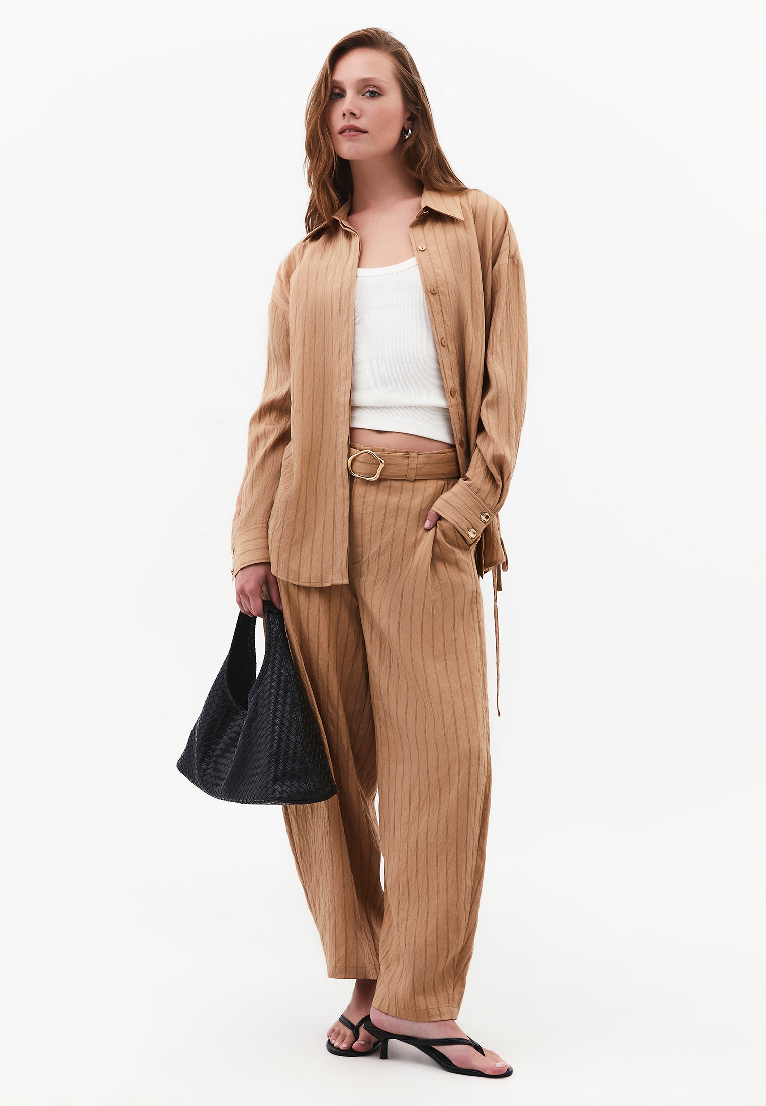 High Waist Belted Striped Barrel Leg Pants - LARK STRIPE
