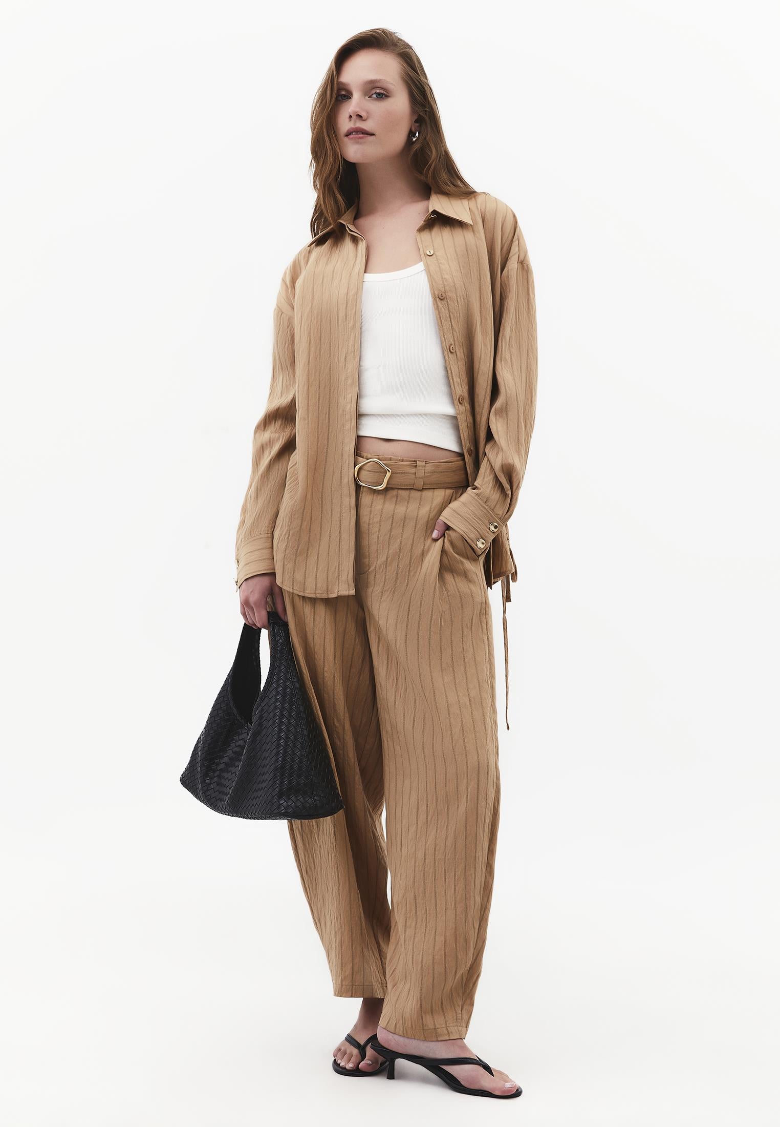 High Waist Belted Striped Barrel Leg Pants - LARK STRIPE