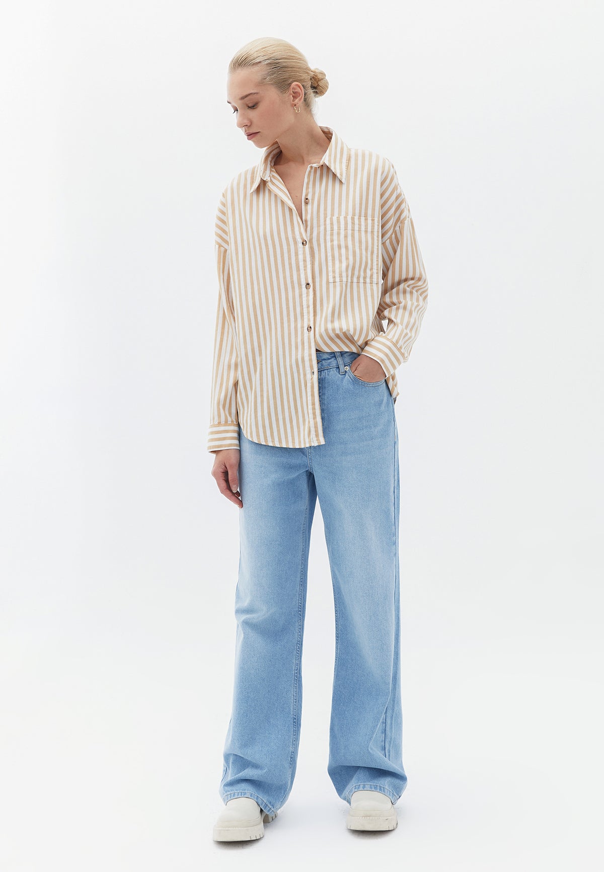 Oversize Shirt Collar Long Sleeve Shirt - LARK STRIPE