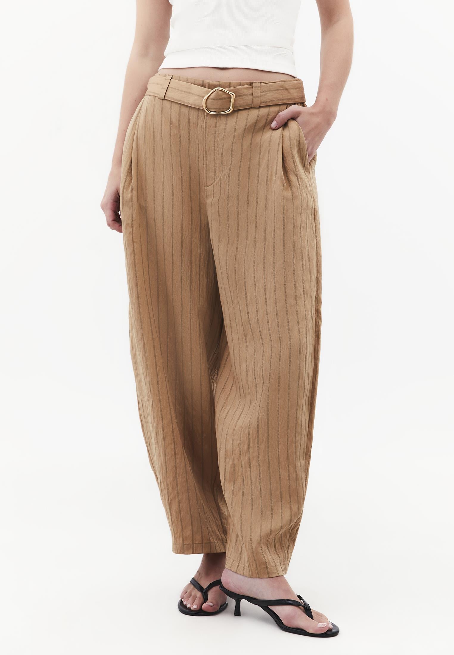 High Waist Belted Striped Barrel Leg Pants - LARK STRIPE