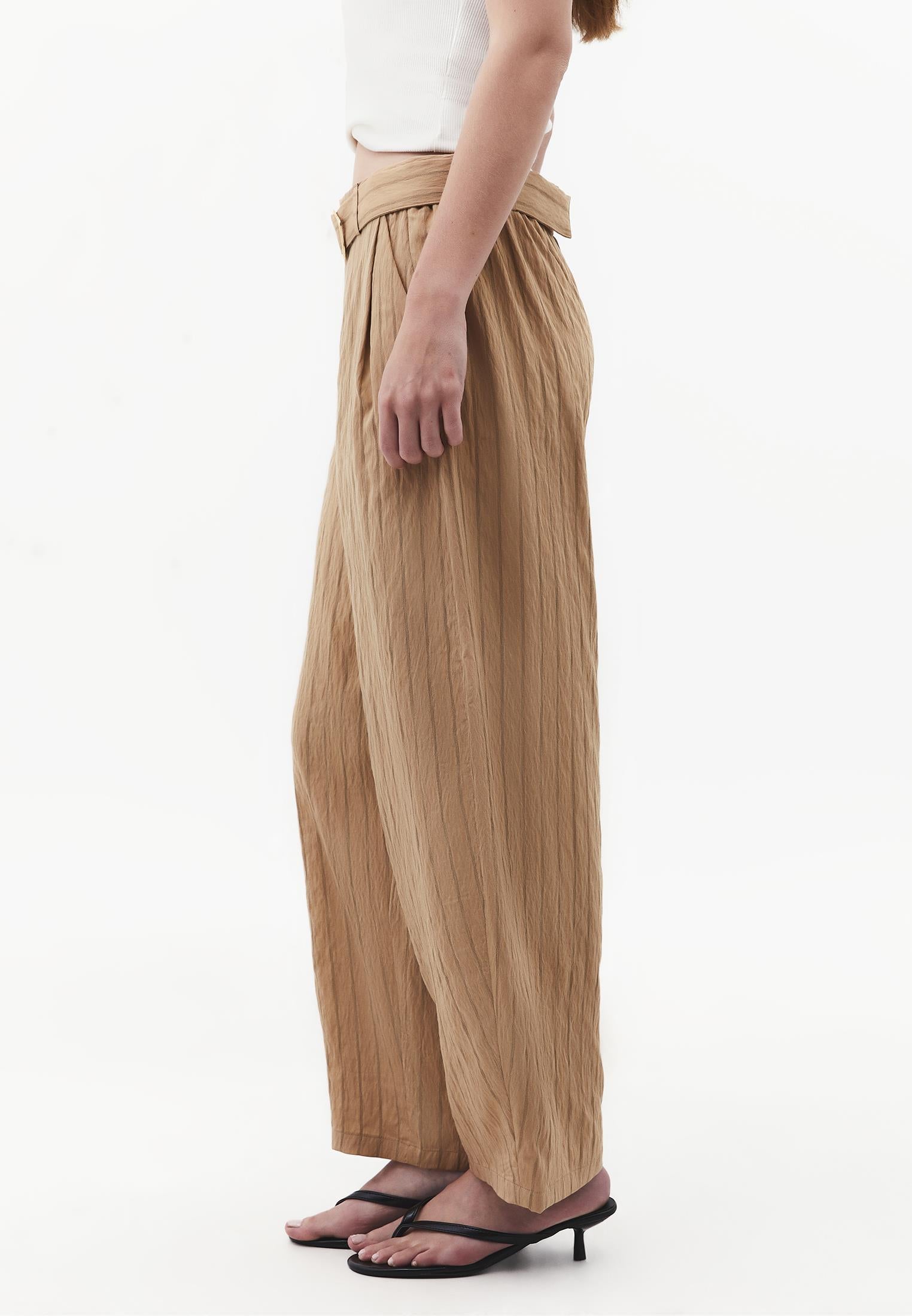 High Waist Belted Striped Barrel Leg Pants - LARK STRIPE