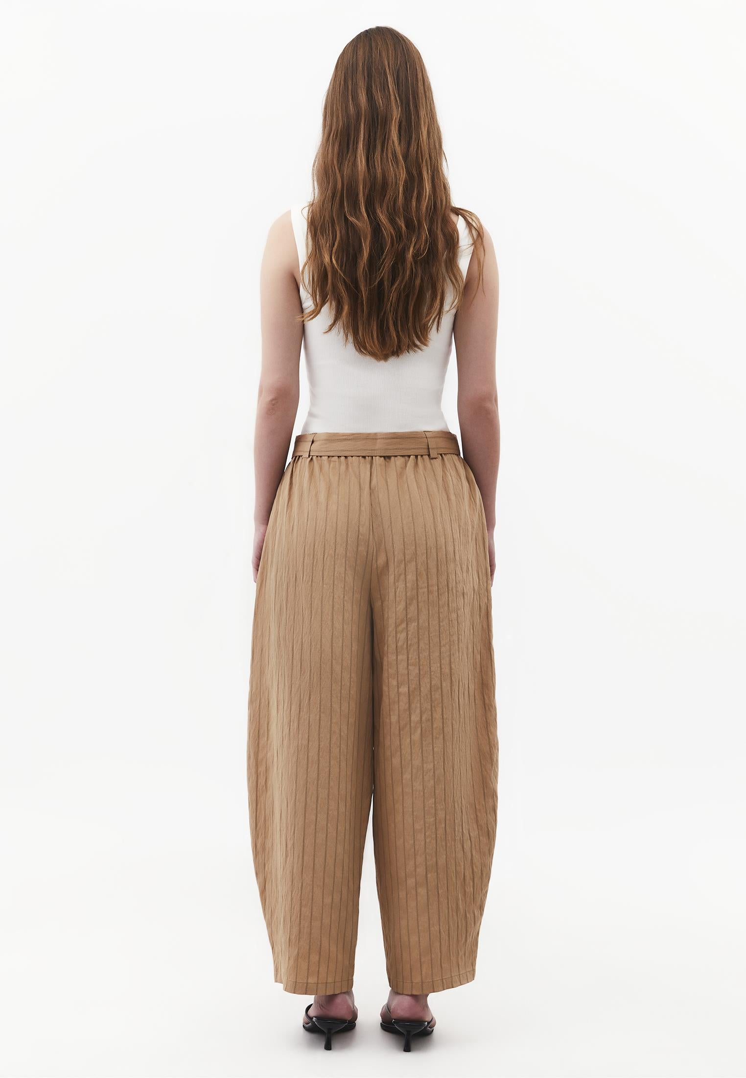 High Waist Belted Striped Barrel Leg Pants - LARK STRIPE