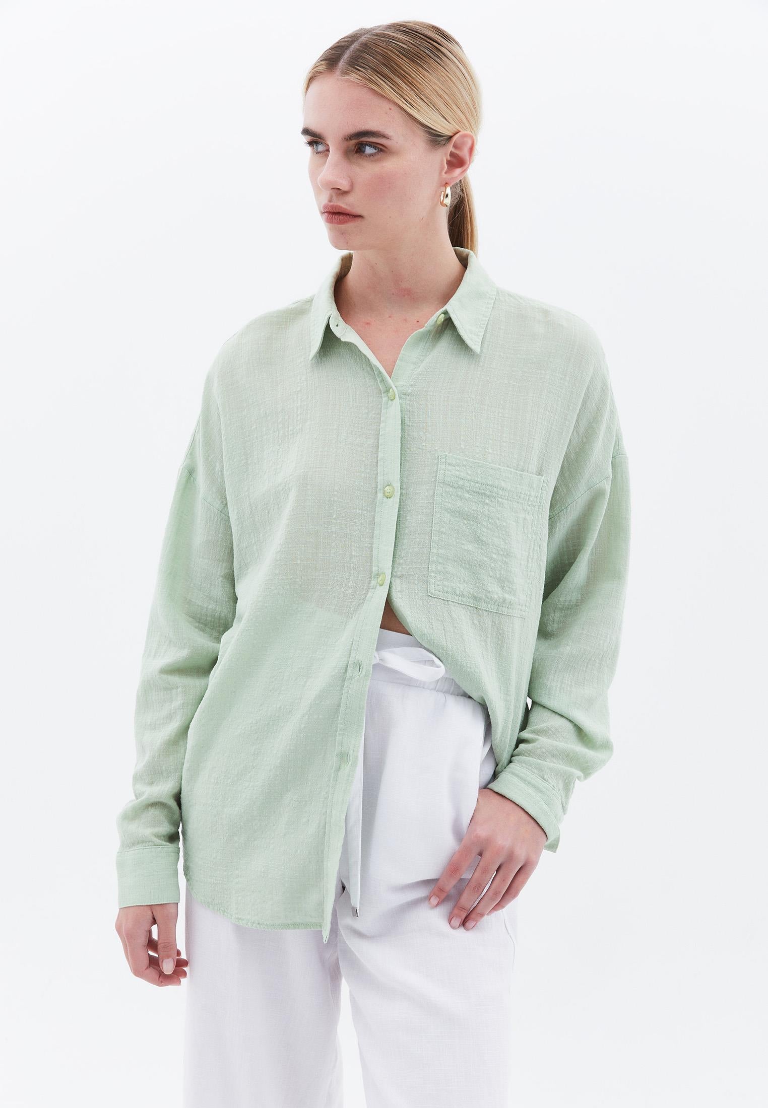 Oversize Long Sleeve Shirt With Pocket Detail - LAUREL GREEN