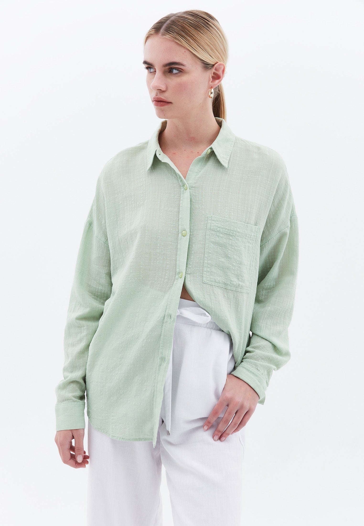 Oversize Long Sleeve Shirt With Pocket Detail - LAUREL GREEN
