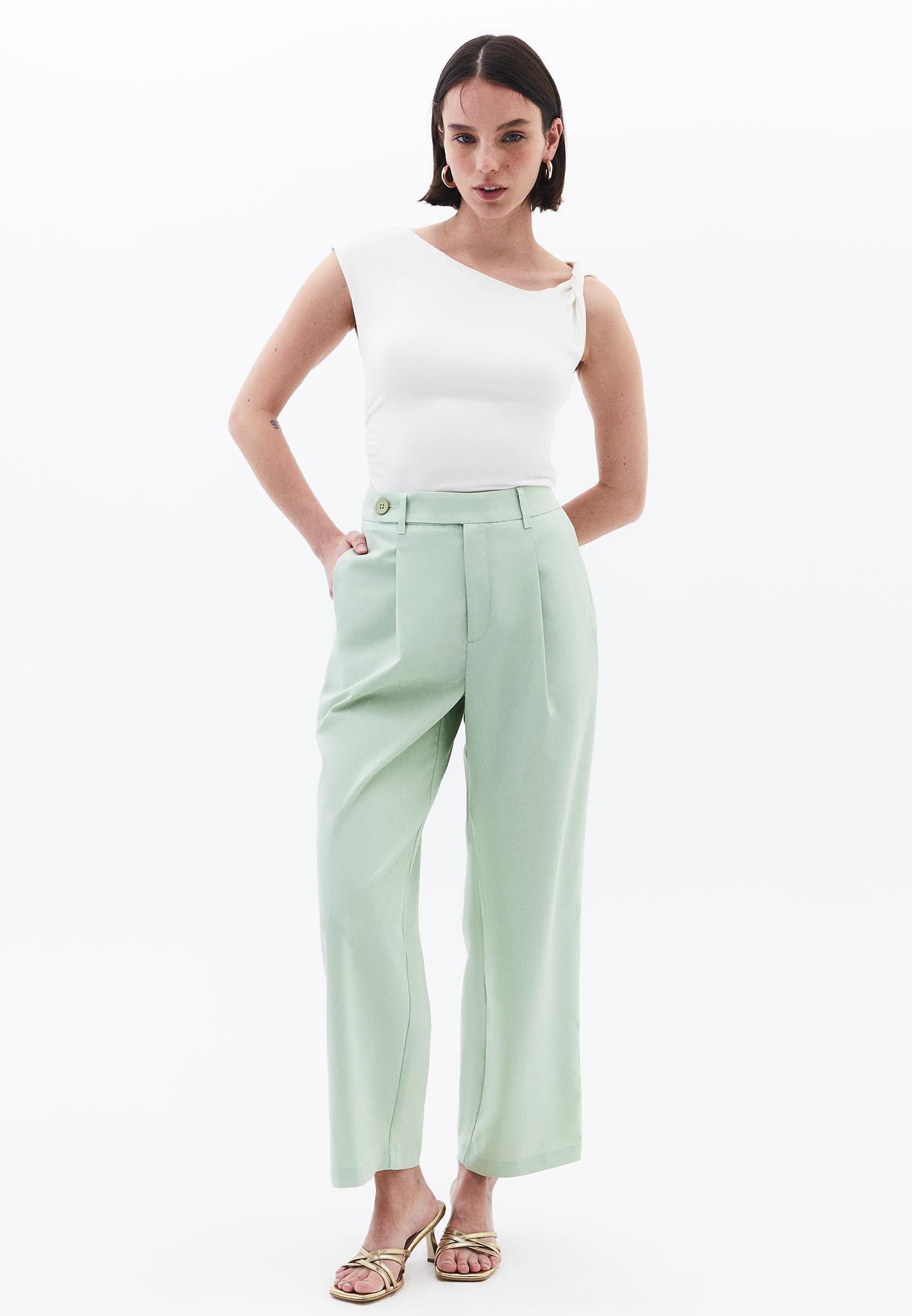 Pleated Straight Leg Pants - LAUREL GREEN