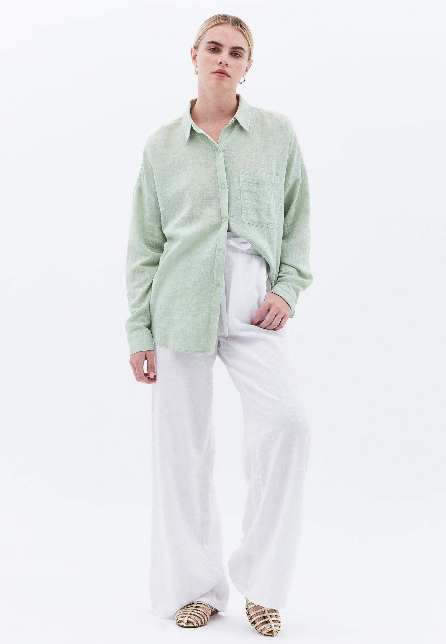Oversize Long Sleeve Shirt With Pocket Detail - LAUREL GREEN