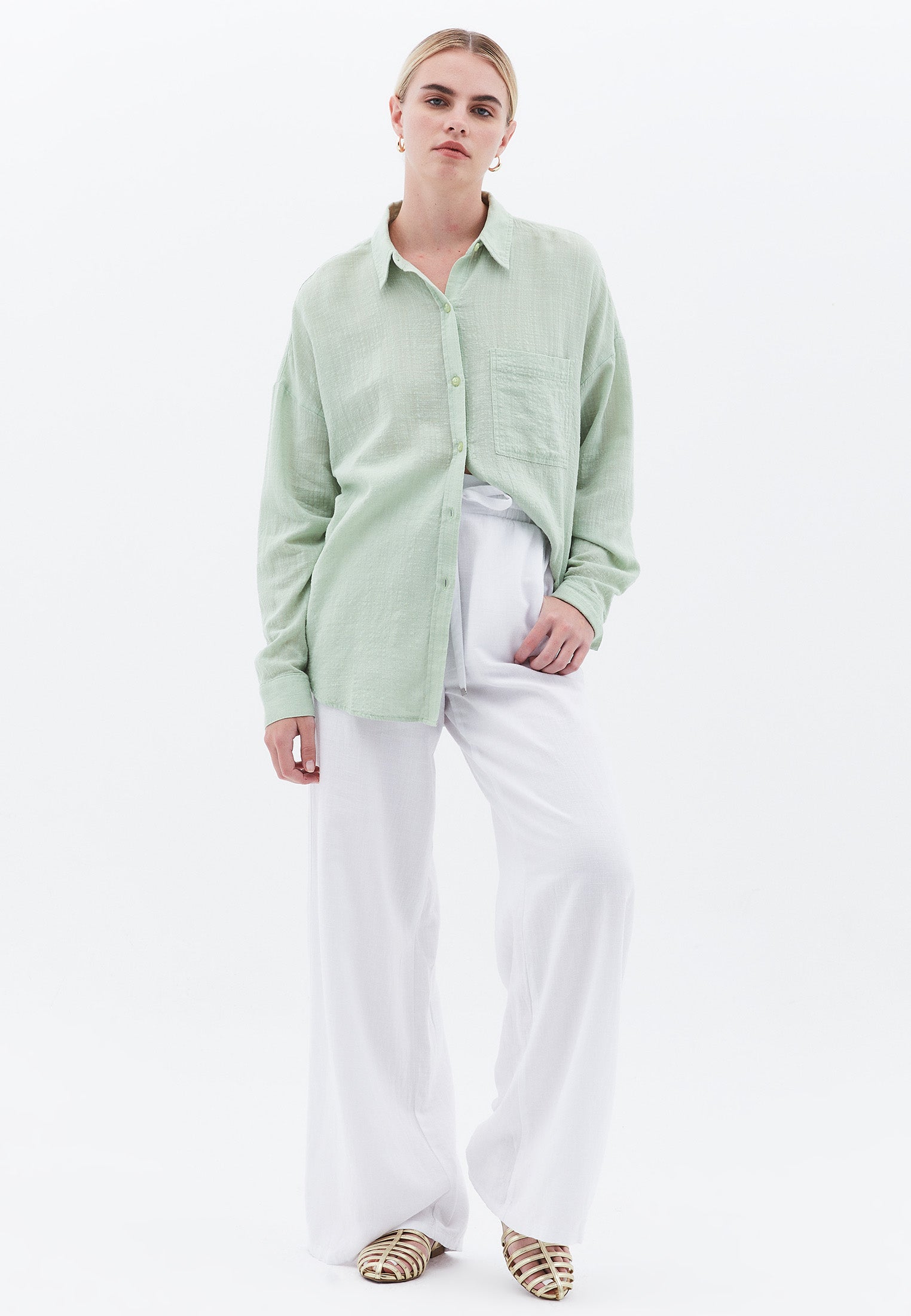 Oversize Long Sleeve Shirt With Pocket Detail - LAUREL GREEN
